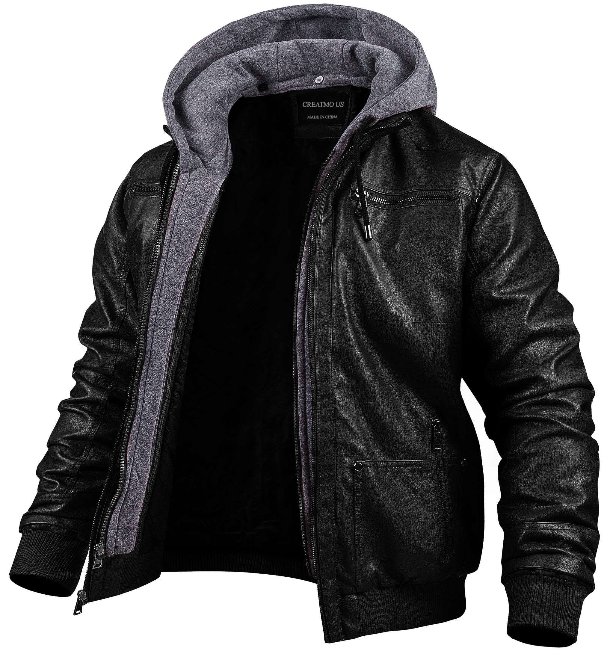 Men's Faux Leather Jacket Motorcycle Jacket Waterproof Windproof PU Moto Vintage Bomber Hoodie with Removable Hood