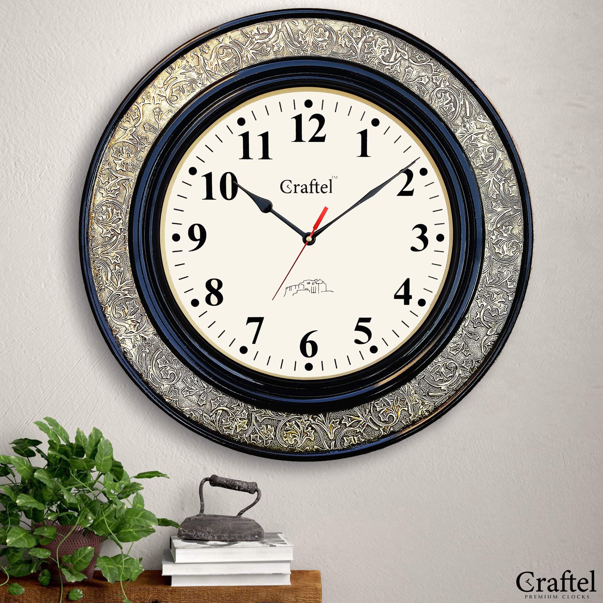 Brass Embossed Analog Wall Clock Round Vintage Clock for Bedroom Living Room Home and Office (Brown)