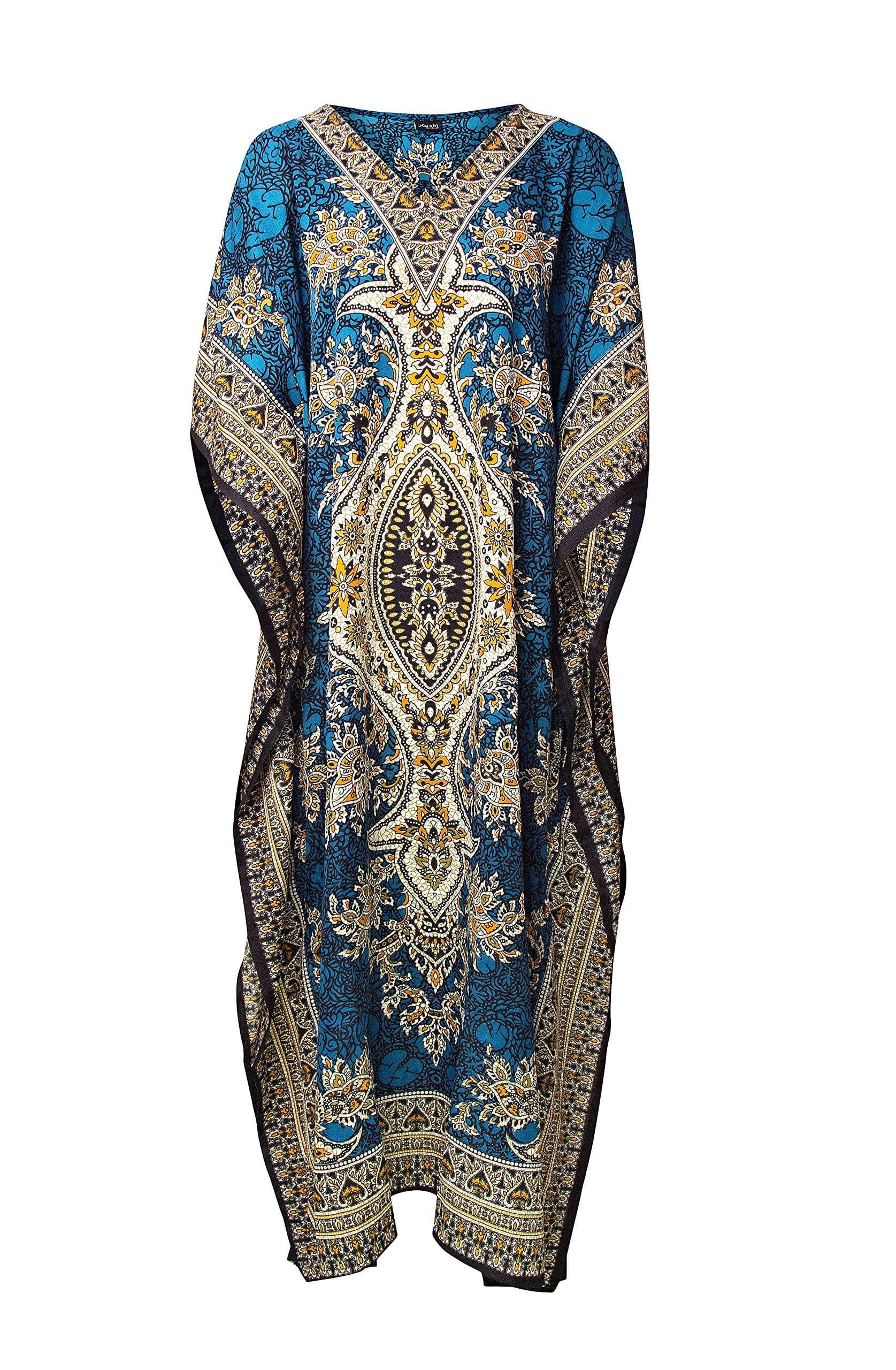 Rubina Kapoor| Women's Plus Size Tribal Ethnic Print Long Kaftan | Maxi, Blue Green, Plus Size