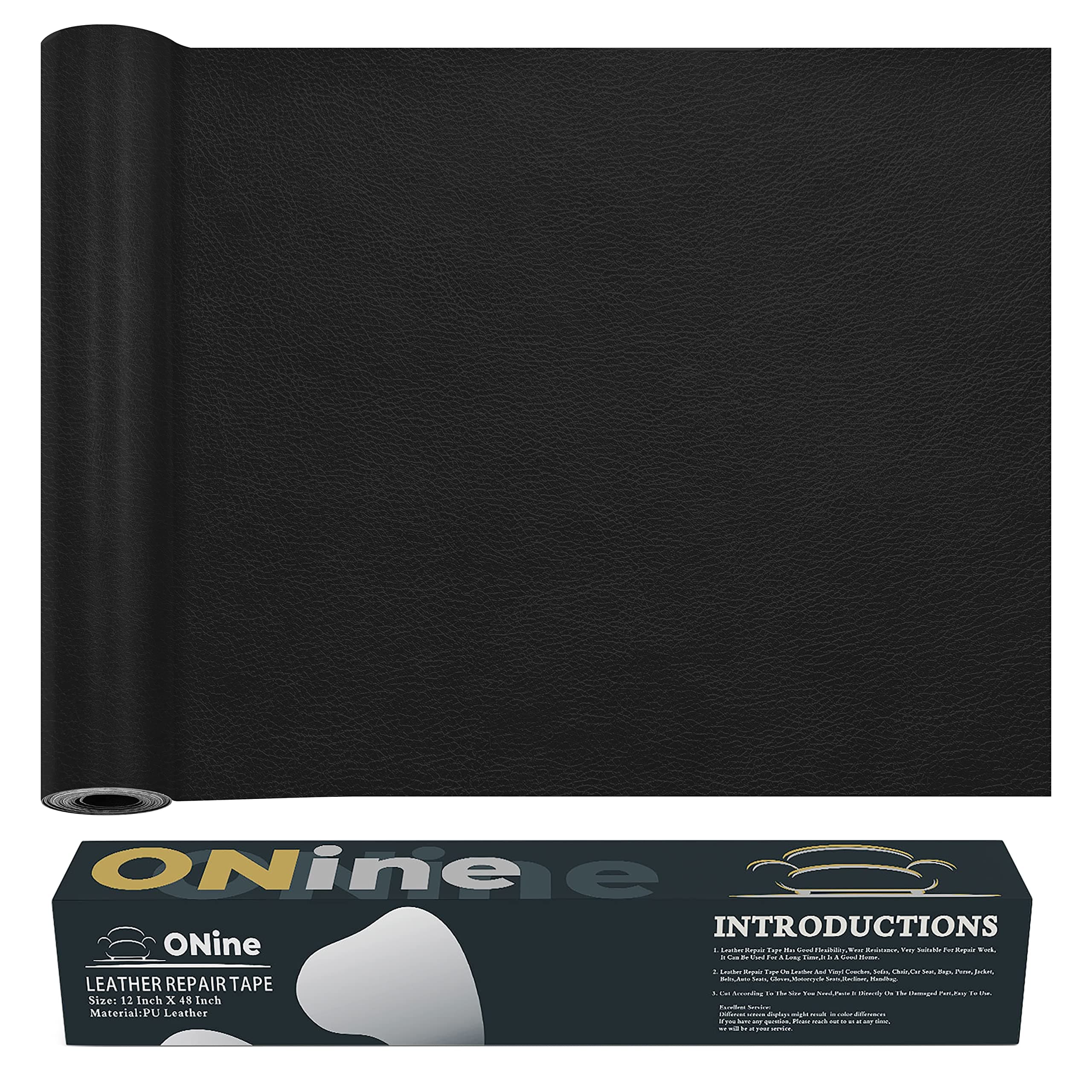 ONine Leather Repair Patch,Leather Repair Tape, 12 x 48 inches Leather Repair Patch for Furniture,Vinyl Repair Kit,Leather Couch Patch,for Sofas, Furniture, Car Seats, Office Chairs(Black)