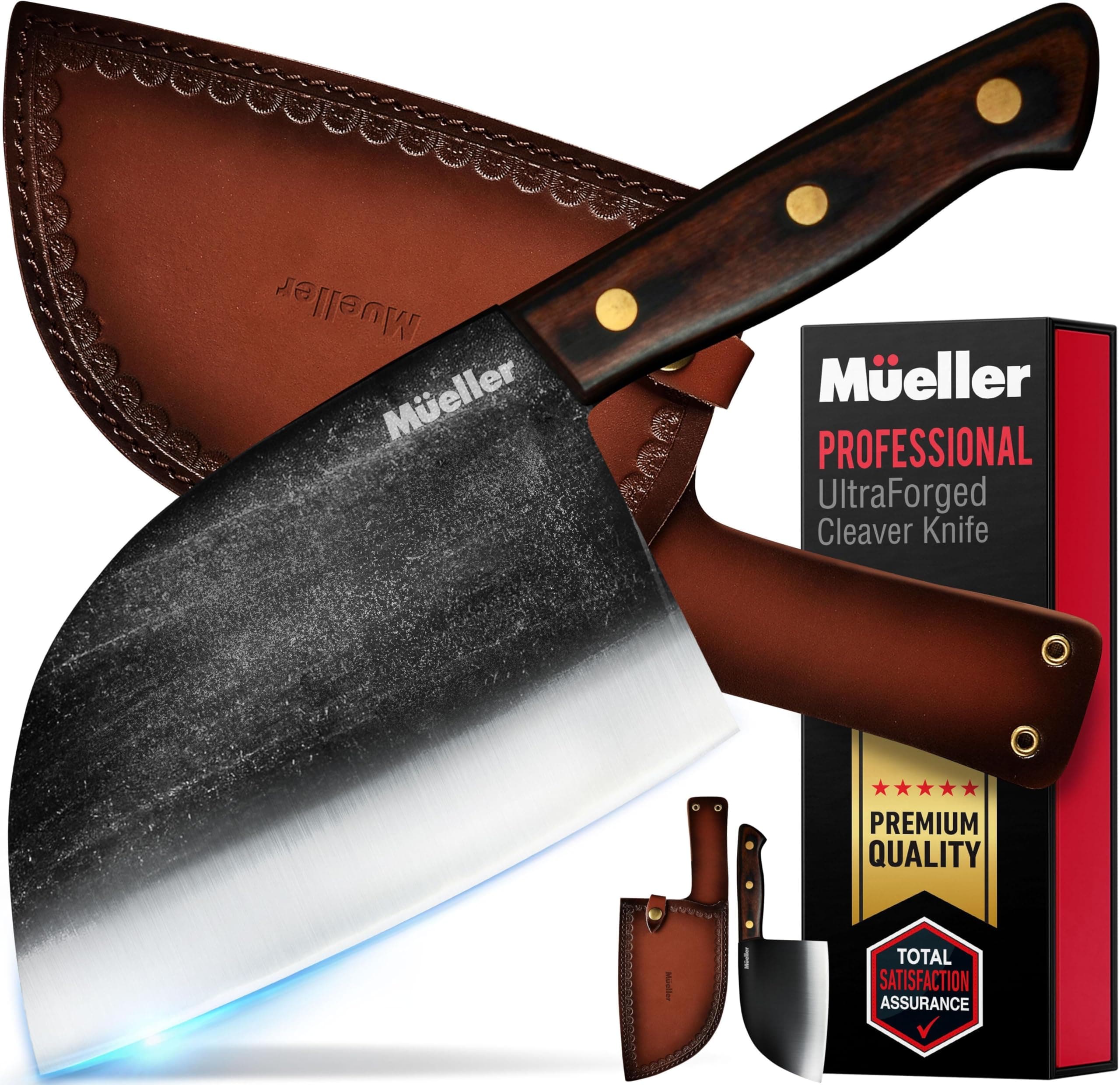 Mueller Outstanding Ancient Forged Serbian Meat Cleaver Knife 6.7” Full Tang, High-Carbon Steel Chef Knife, Pakkawood Handle, Kitchen Knives, Set with Leather Sheath, Butcher