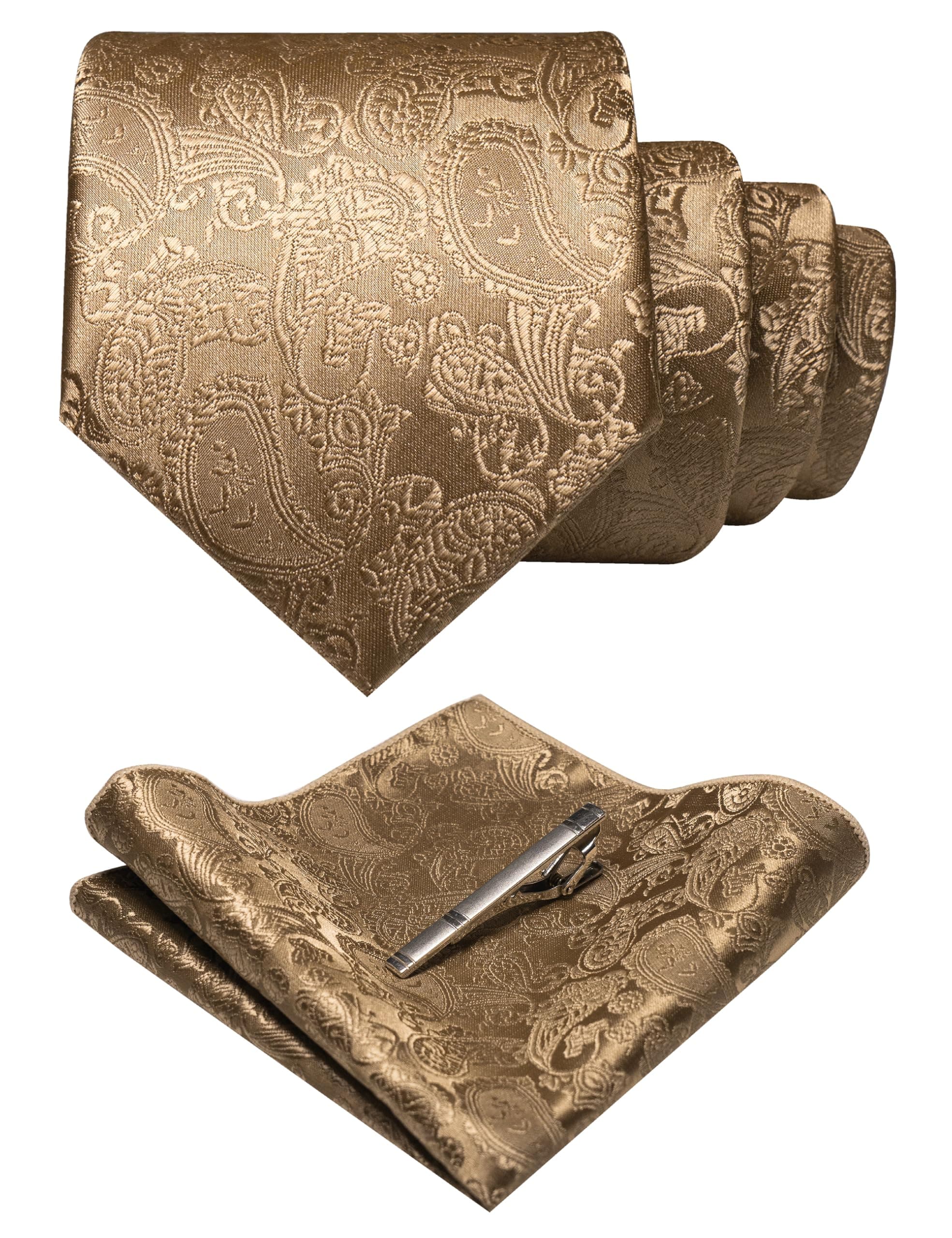 Mens Solid Color Paisley Necktie and Pocket Square with Tie Clip Sets