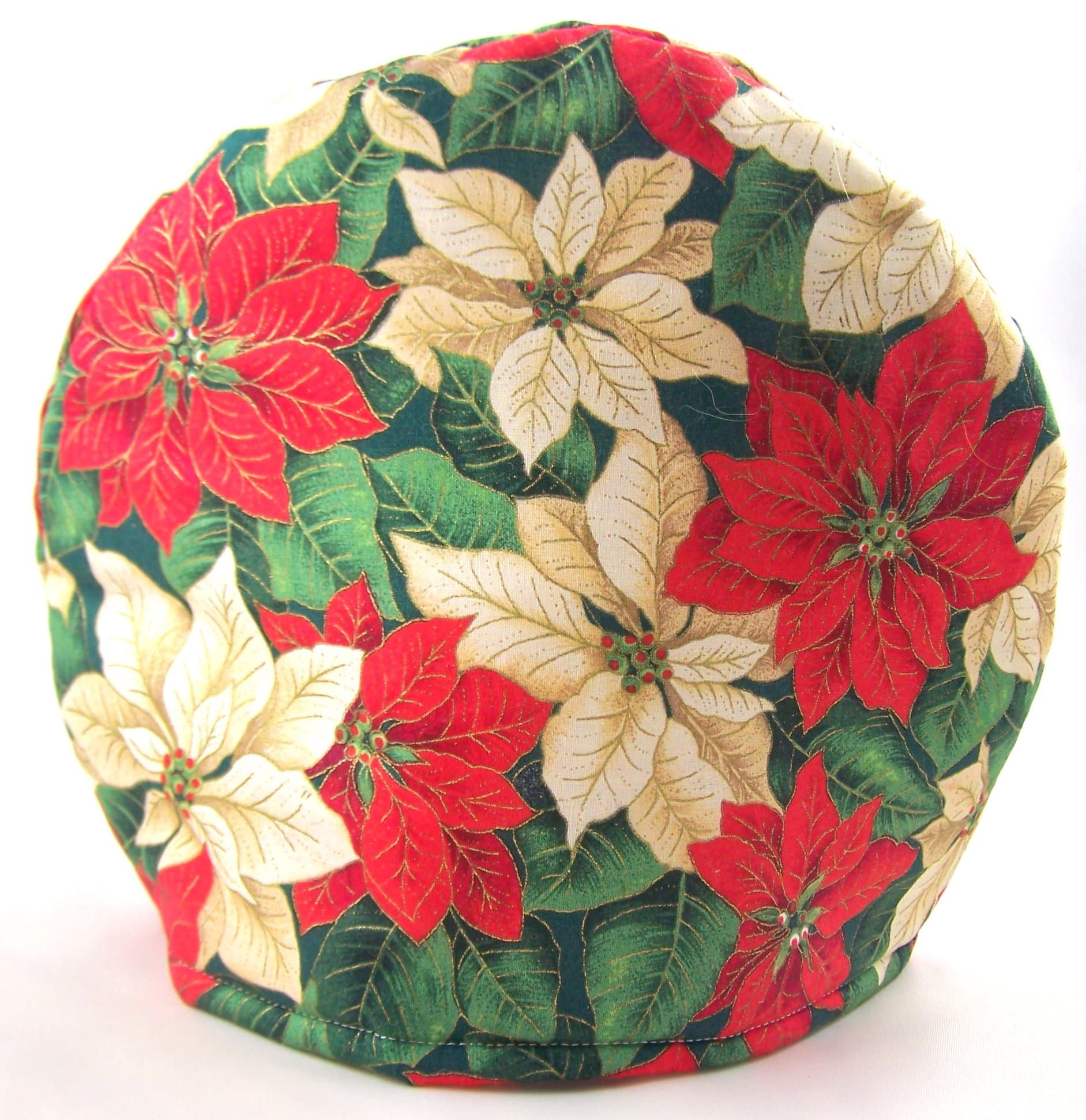 Handmade Red and White Christmas Poinsettia Print Fabric Tea Cozy Lined and Padded Cosy