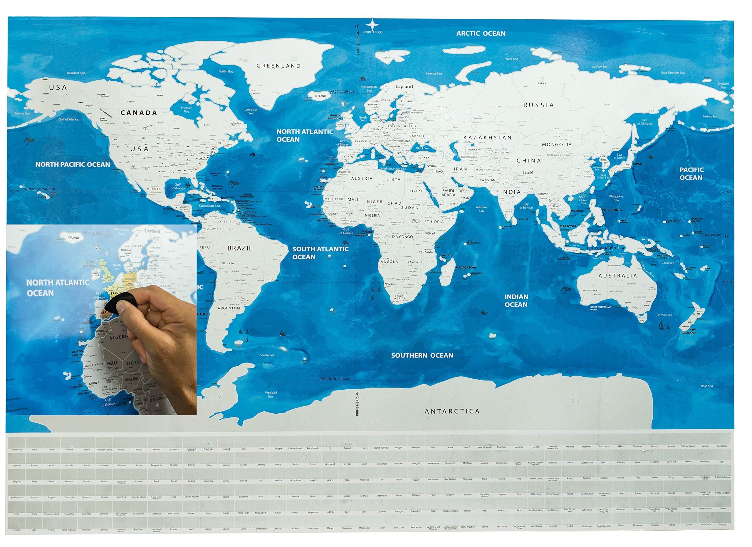 Scratch Off World Map By Trip Fix: Personalized Travel Poster, Blue And Silver, Detailed And Educational Adventure Travel Tracker, Divided USA States, Unique Gift, Home Decor, Geography Teacher Tool