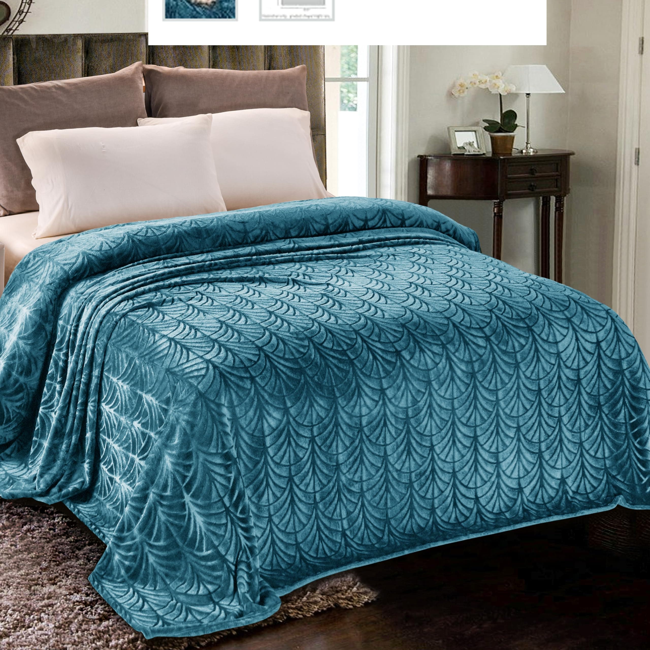 Flannel Fleece Queen Size Blanket for Bed, Soft Fluffy Velvet Bedspread Coverlet with Decorative Vintage Pattern for All Season, Warm and Lightweight, 90x90 Inch, Teal