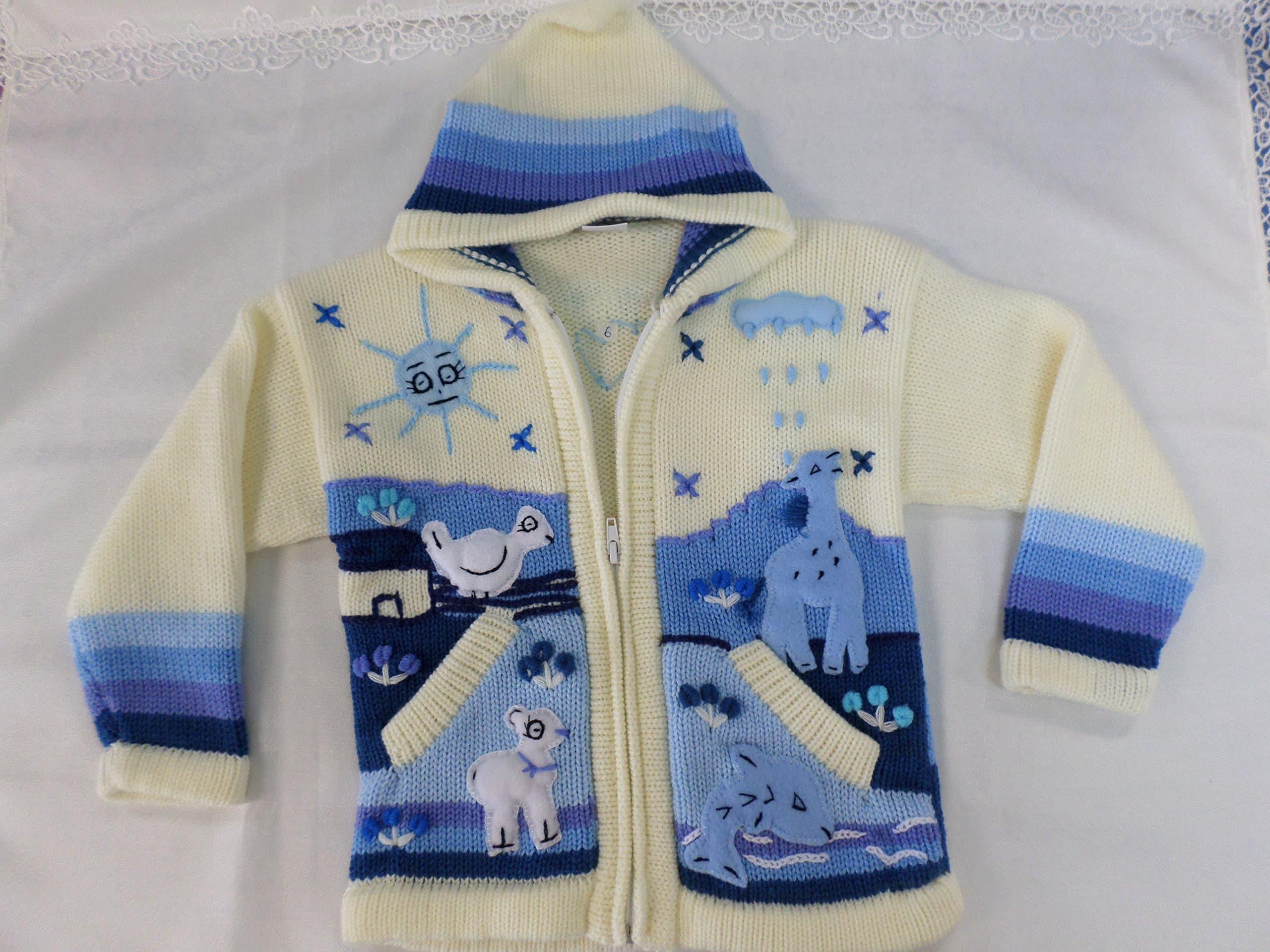 Handcrafted Fabric Applique (Arpillera) 100% Acrylic Kids Sweater From Peru: Blue Lama, Size 6