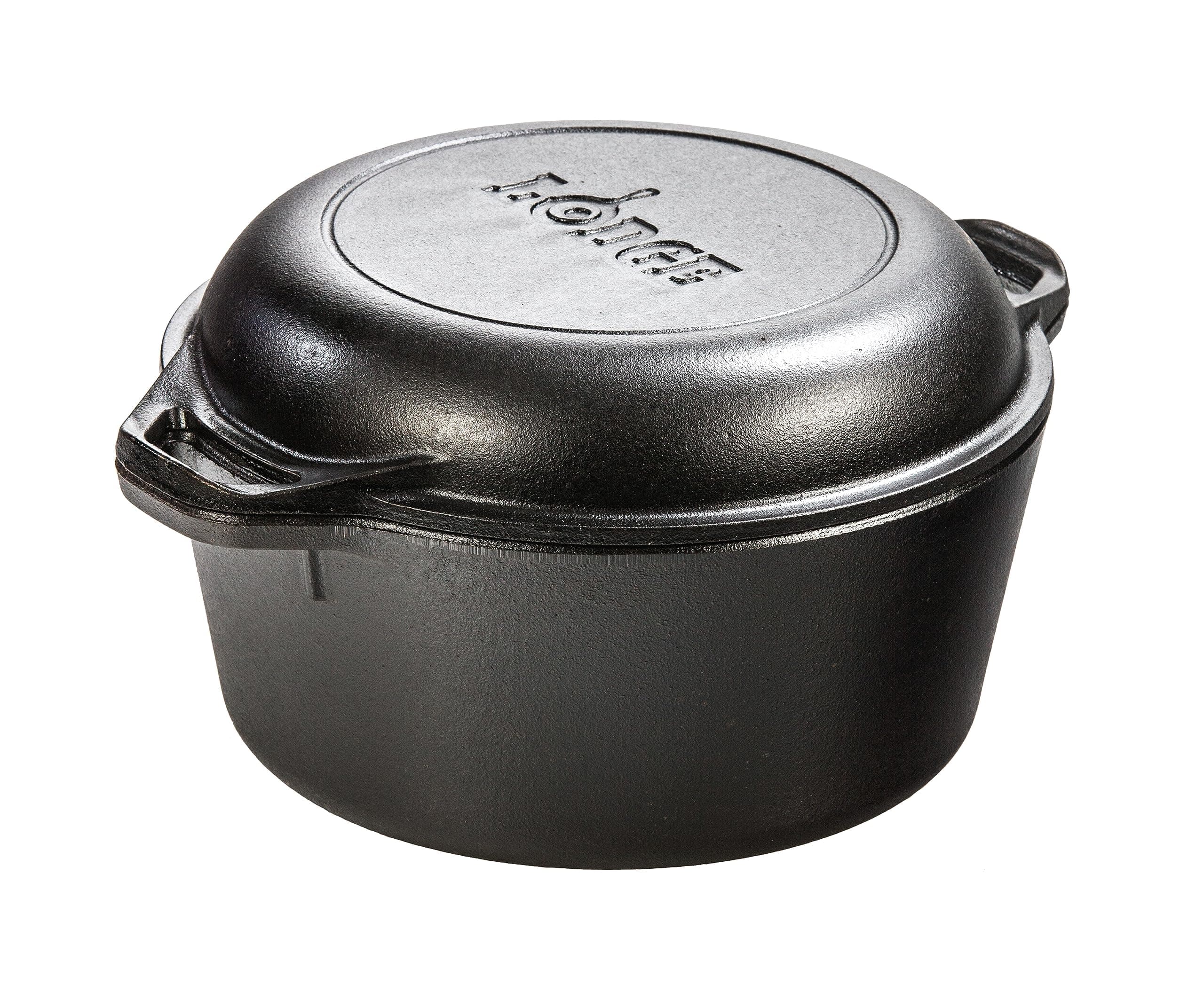 Lodge Cast Iron Double Dutch Oven - Pre-Seasoned 2-in-1 Cast Iron Cookware - Pot & Skillet Combo - Even Heat Retention - Oven-Safe, Versatile Pot - 5 Quart