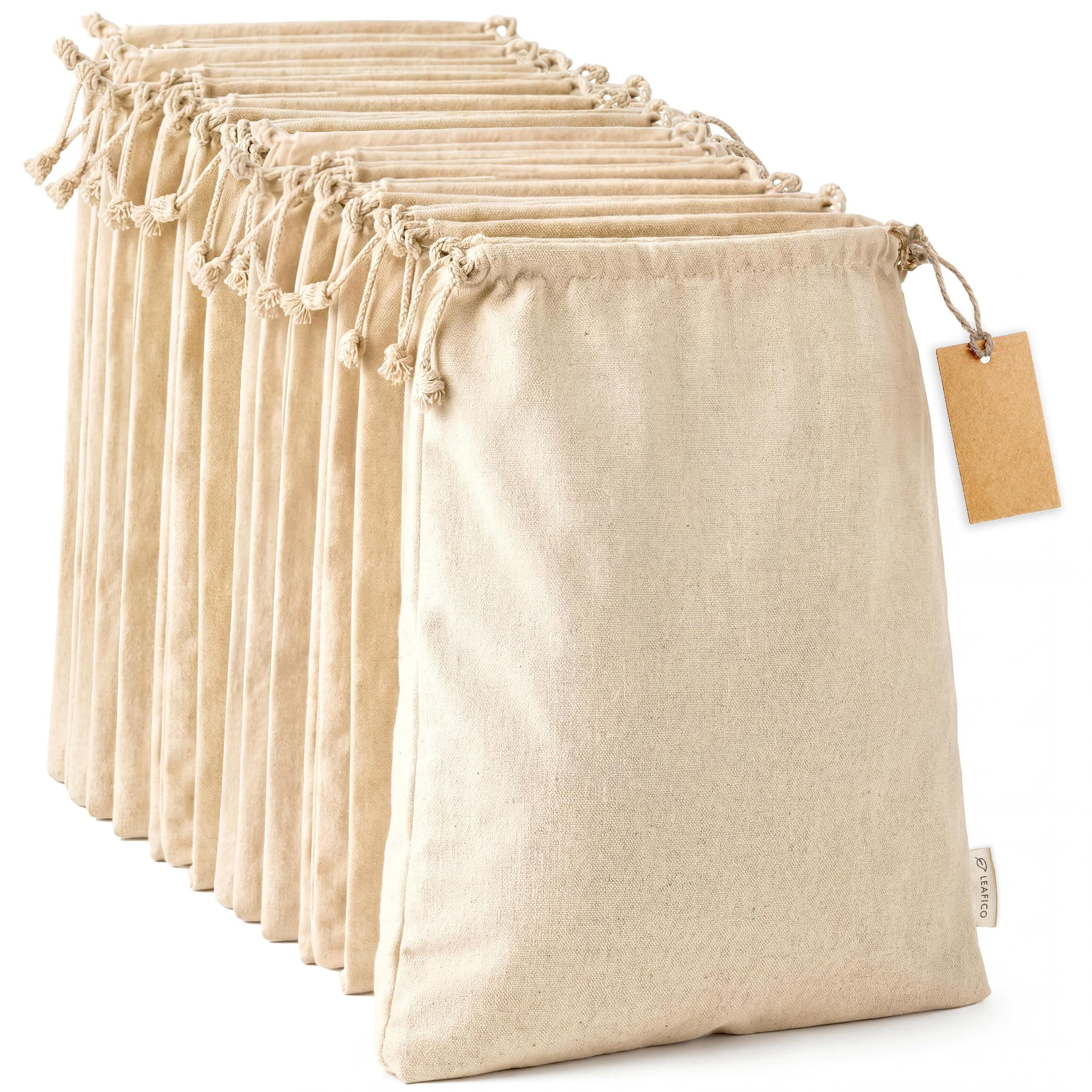 LEAFICO Multipurpose Eco Cloth Bags - Large 10x12 Inch (12 Pack) - Cotton Produce Storage Sacks - Muslin Drawstring Pouches for Vegetables - Bread Bags - Fabric Sachets
