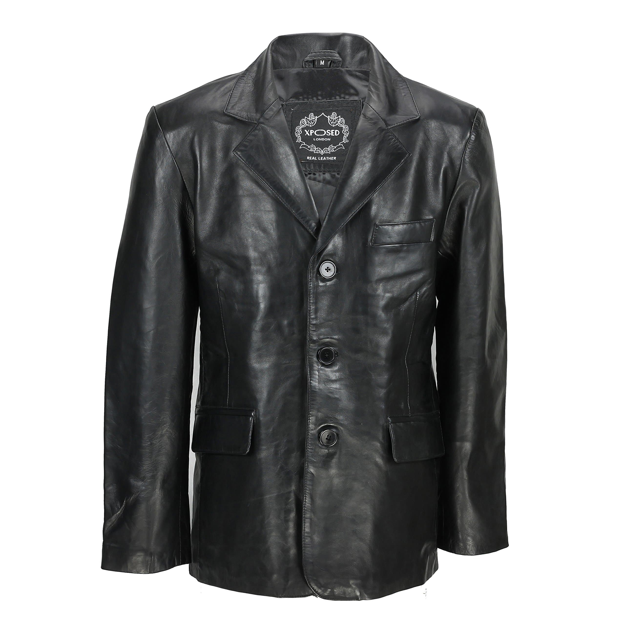 LLD Original Mens Black Real Soft Sheep Leather Blazer Mid Length Vintage Jacket Coat [2XL,Black]