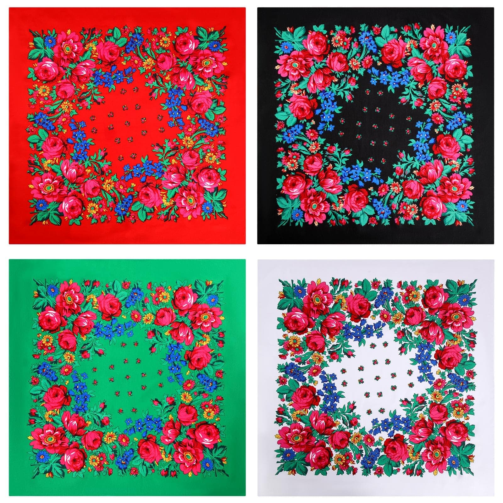 4 Pcs Russian Ethnic Square Hair Head Scarf Printed Polyester Flower Neck Scarf for Women