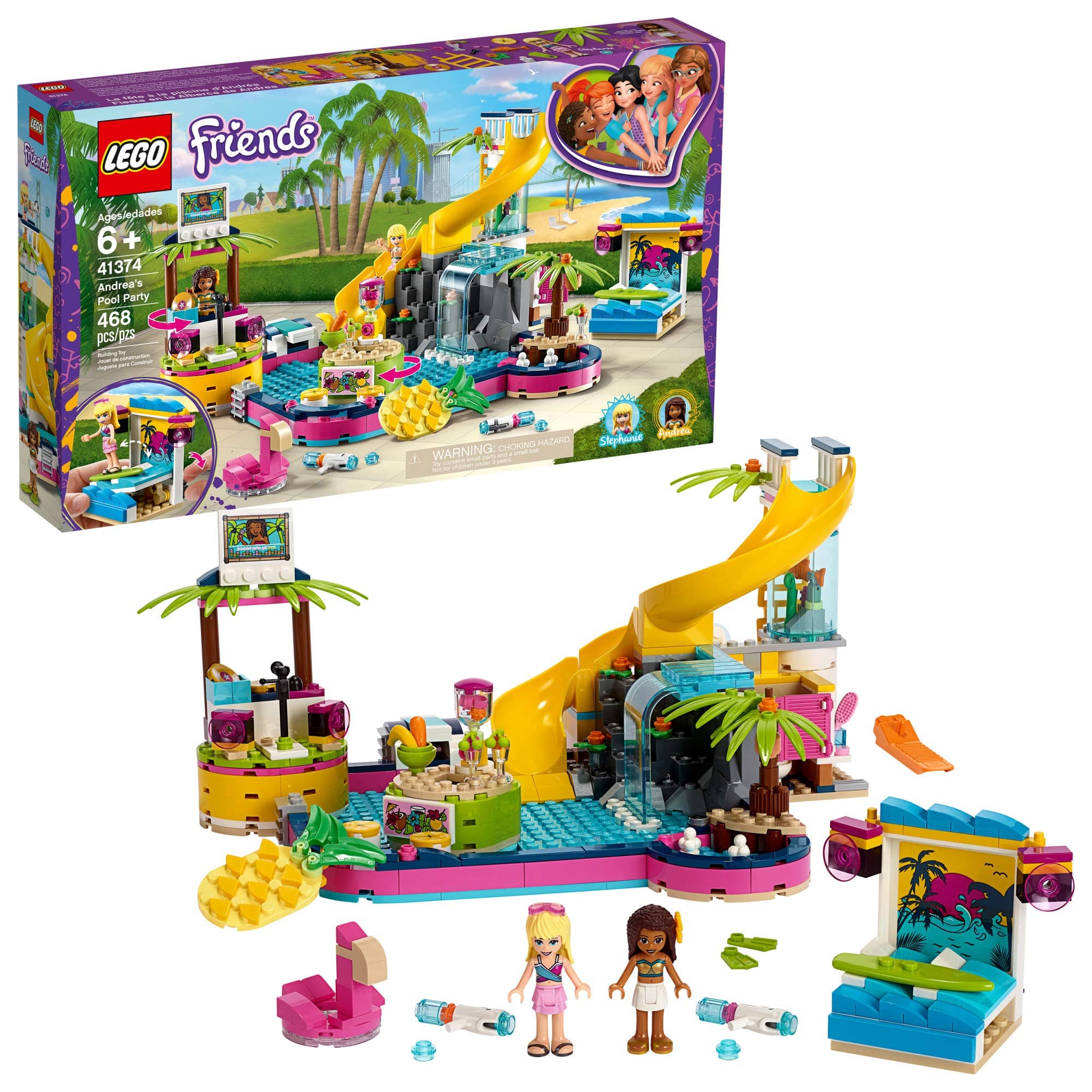 LEGO Friends Andrea's Pool Party 41374 Toy Pool Building Set with Andrea and Stephanie Mini Dolls for Pretend Play, Includes Toy Juice Bar and Wave Machine (468 Pieces)