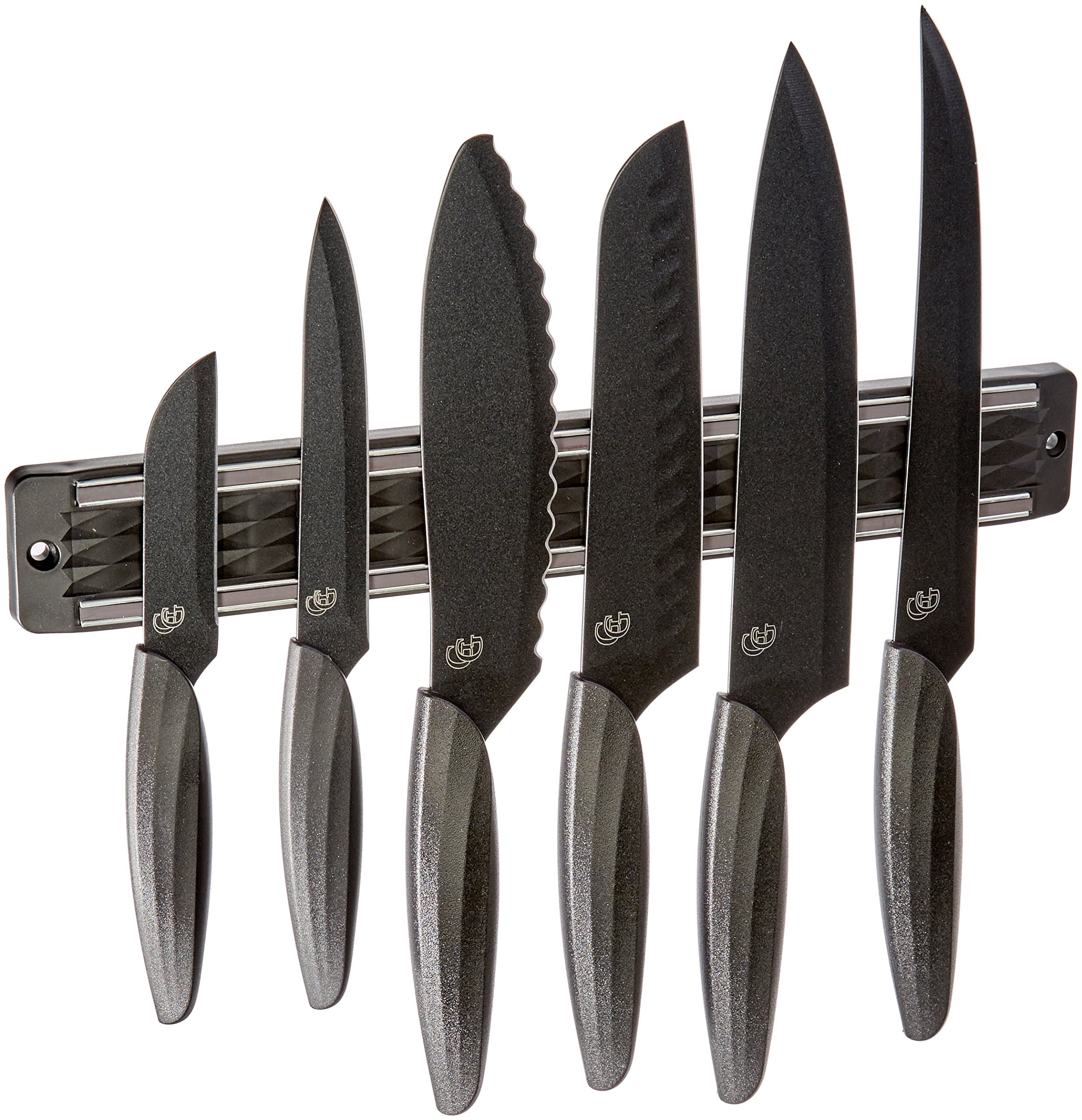 Kitchen Knife Set By Gela Global –6 Different Knifes with Magnetic Bar That Can Serve All Your Needs – Durable Stainless Steel Blades – Unbreakable, Slip Resistant Plastic Handles –Black