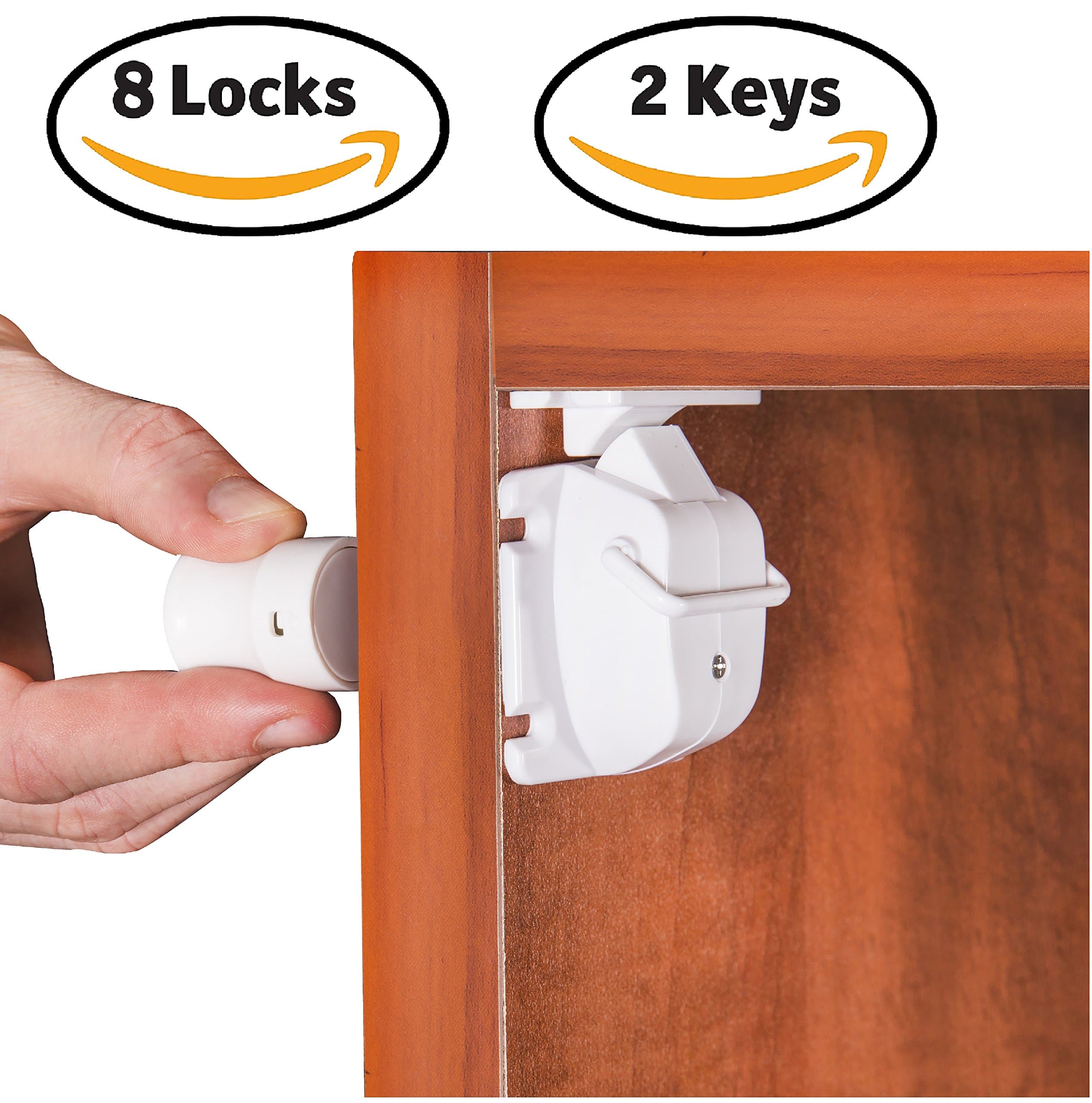 Safety4u Safety Baby Magnetic Cabinet Lock- 8 Locks + 2 Keys, Unique Super Strong Magnet To Child Proof For Cabinets, Drawers- 3m Adhesive & Installation Tool - No Tools or Drill, Free 8 Outlet Covers