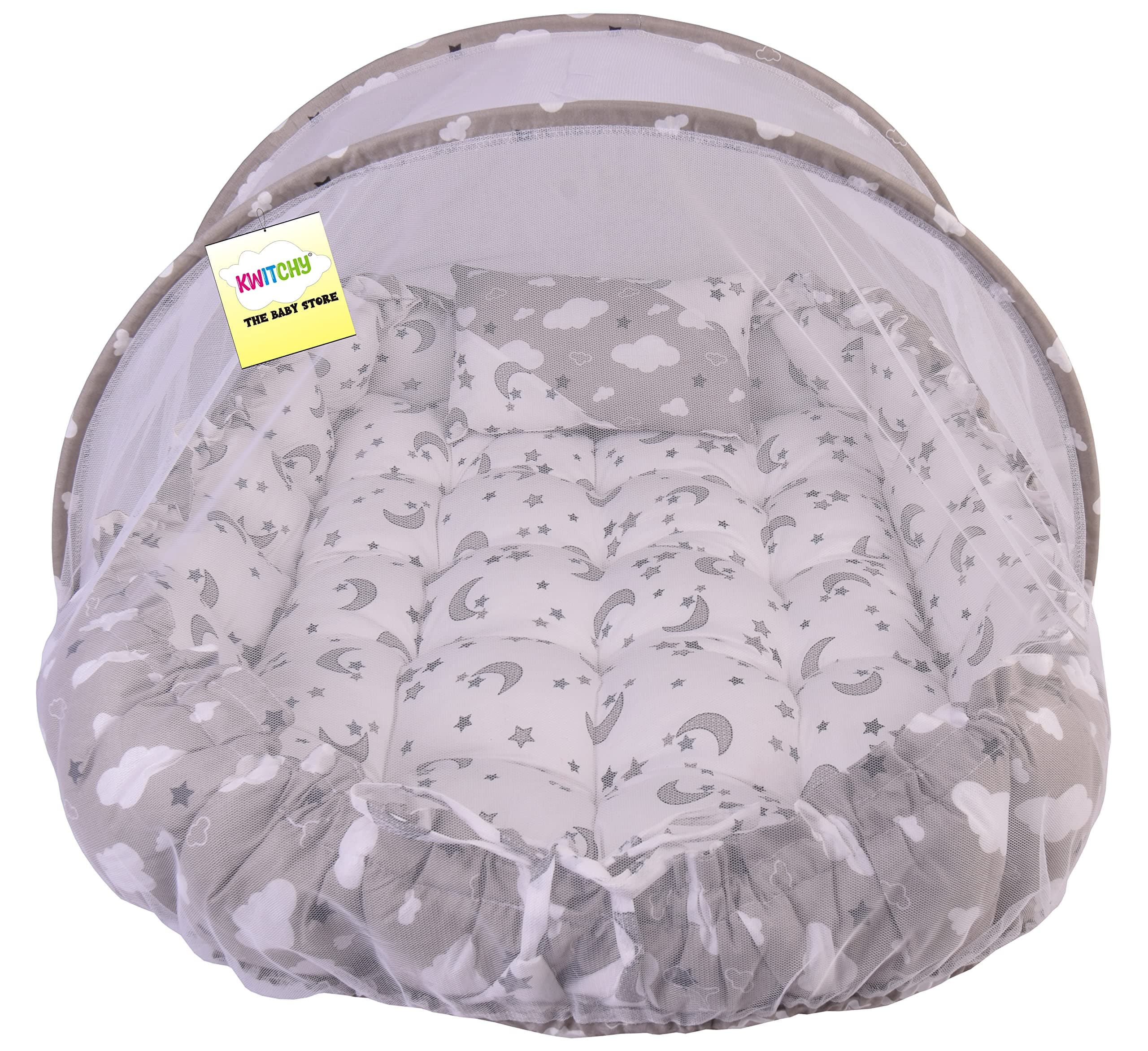 Kwitchy Baby Bed Bedding Set for New Born | Bed Mattress | Mosquito Net | Bassinet | Sleeping Nest | Cotton | Travel Bed | Lounger | Essentials | Toddlers Infants | Gadda Set (0-12 Months) Grey