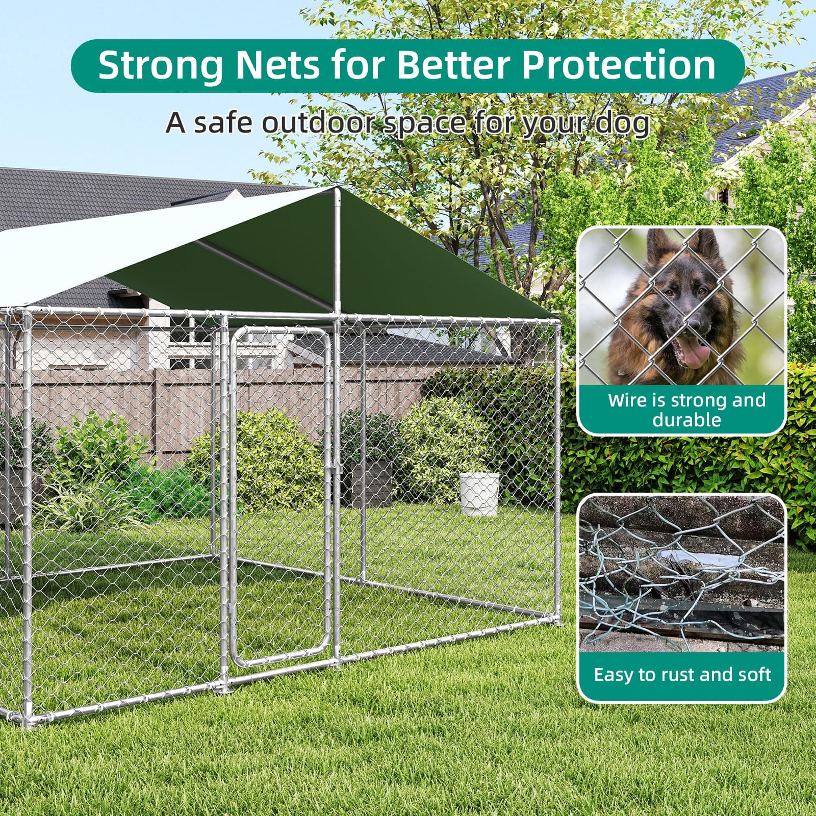 120IN Heavy Duty Outdoor Dog Kennel Outside with Waterproof Cover, UV-Resistant Roof, and Secure Locking Mechanism for Large Dogs