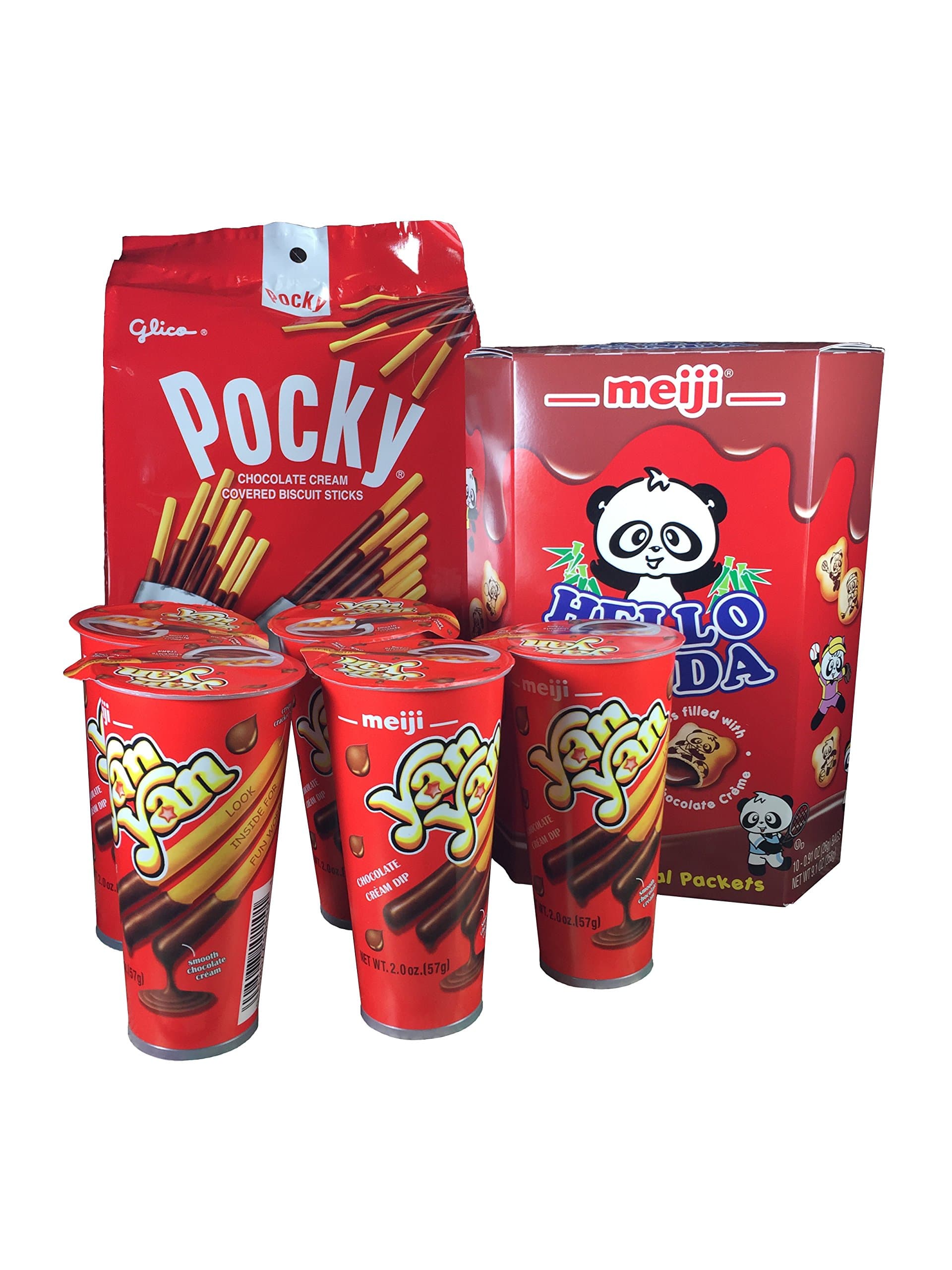 Pocky, Yan Yan, and Hello Panda Cookie Chocolate Snacks Bundle - Glico Pocky Chocolate (1 Pack) + Meiji Yan Yan, Chocolate (5 units) and Meiji Hello Panda Cookies, Chocolate (1 box, 9.1 oz)