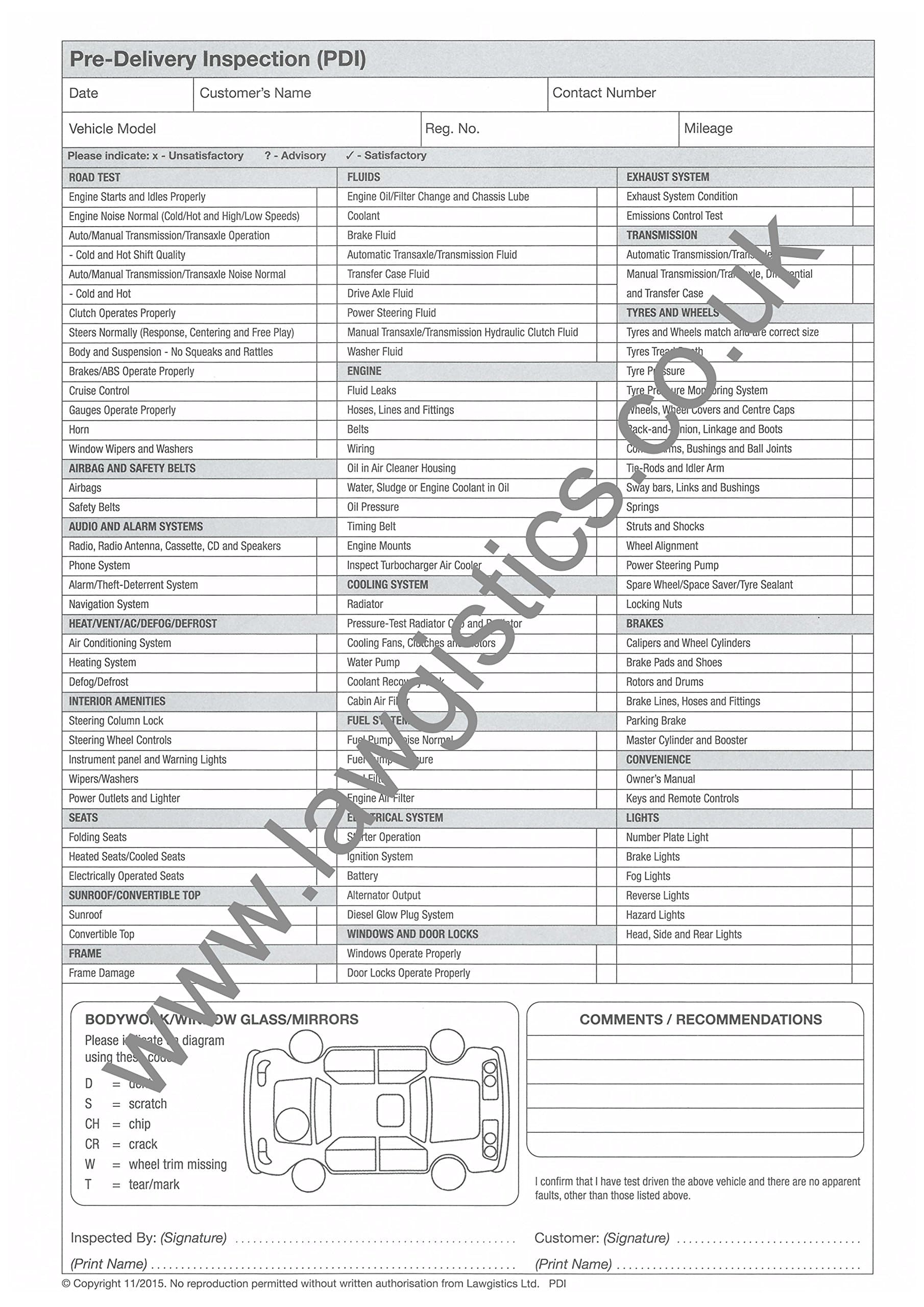 Legally Compliant -Pre-Delivery Inspection (PDI) Pad