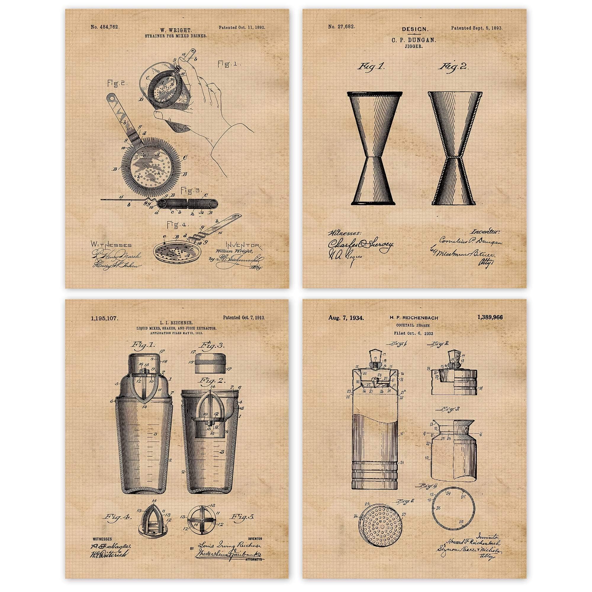 Vintage Bartender Cocktail Patent Prints, 4 (8x10) Unframed Photos, Wall Art Decor Gift for Home Office Work Garage Drink Lounge Bar Diner Hotel Mixology Student Teacher Coach Whiskey Bourbon Fan