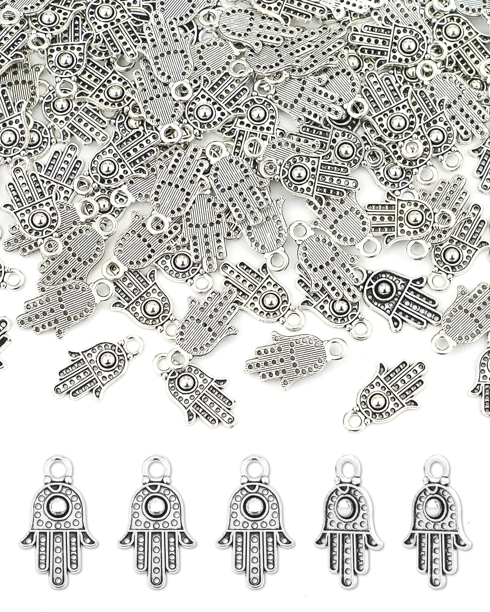 JIALEEY 100PCS Antique Silver Hamsa Hand of Fatima Symbol Charms Hamsa Hand Beads Frame Charms for Jewelry Making Findings DIY Necklace Bracelet