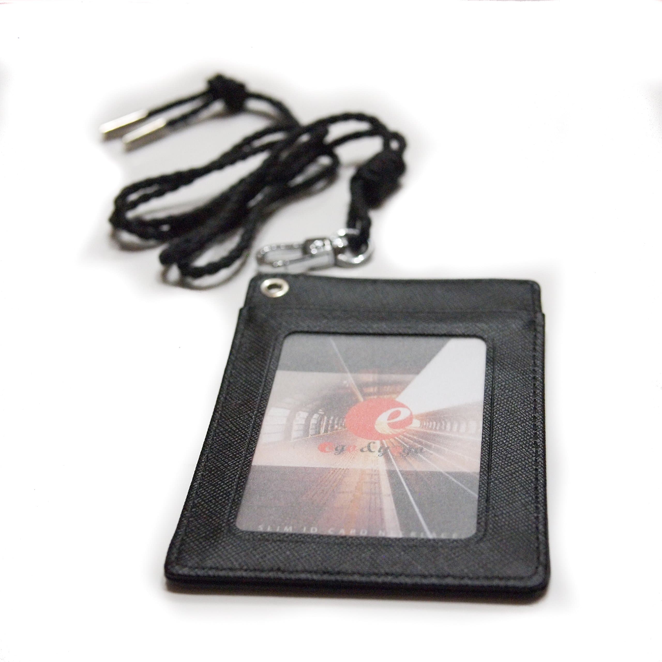 ego&yogo Slim ID Card Necklace Holder - Perfect for Badge, Key Card, Student ID, Employee ID, Metro Card, and Credit Card Holder with Detachable Soft Braided Lanyard Neck Strap (Black)