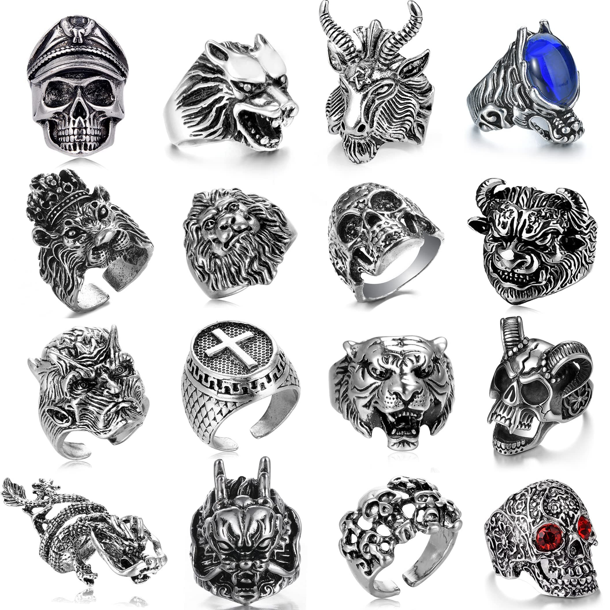 16-24 Pcs Vintage Punk Rings Set Gothic Biker Adjustable Rings Skeleton Skull Ring Feather Snake Drgon Lion Wolf Tiger Head Ring
