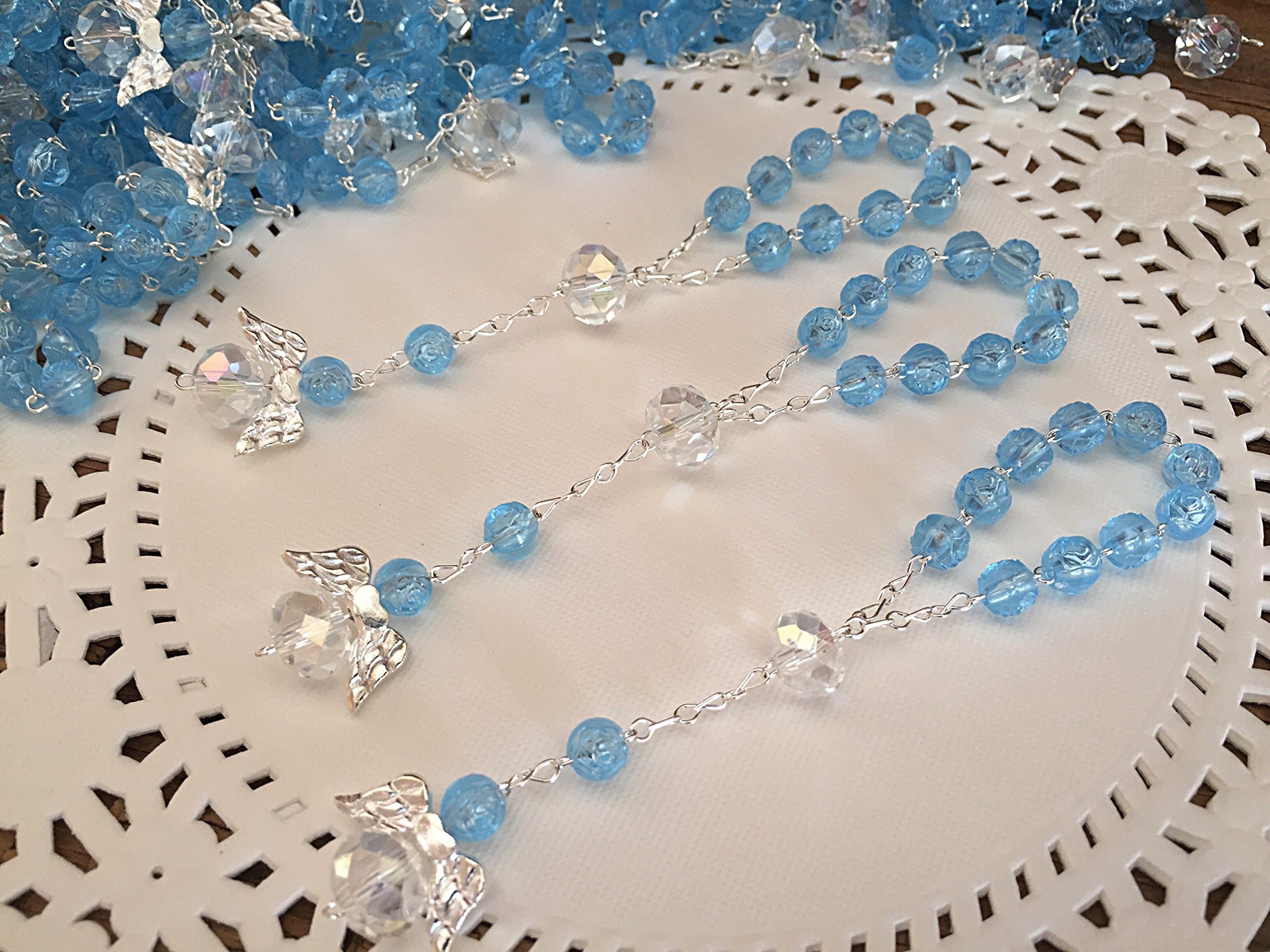 25 Pc Blue Color Baptism Favors with Angels Mini Rosaries Blue Plated Acrylic Beads/Recuerditos De Bautismo/Christening Favors/Decenarios/Decades/Finger Rosaries
