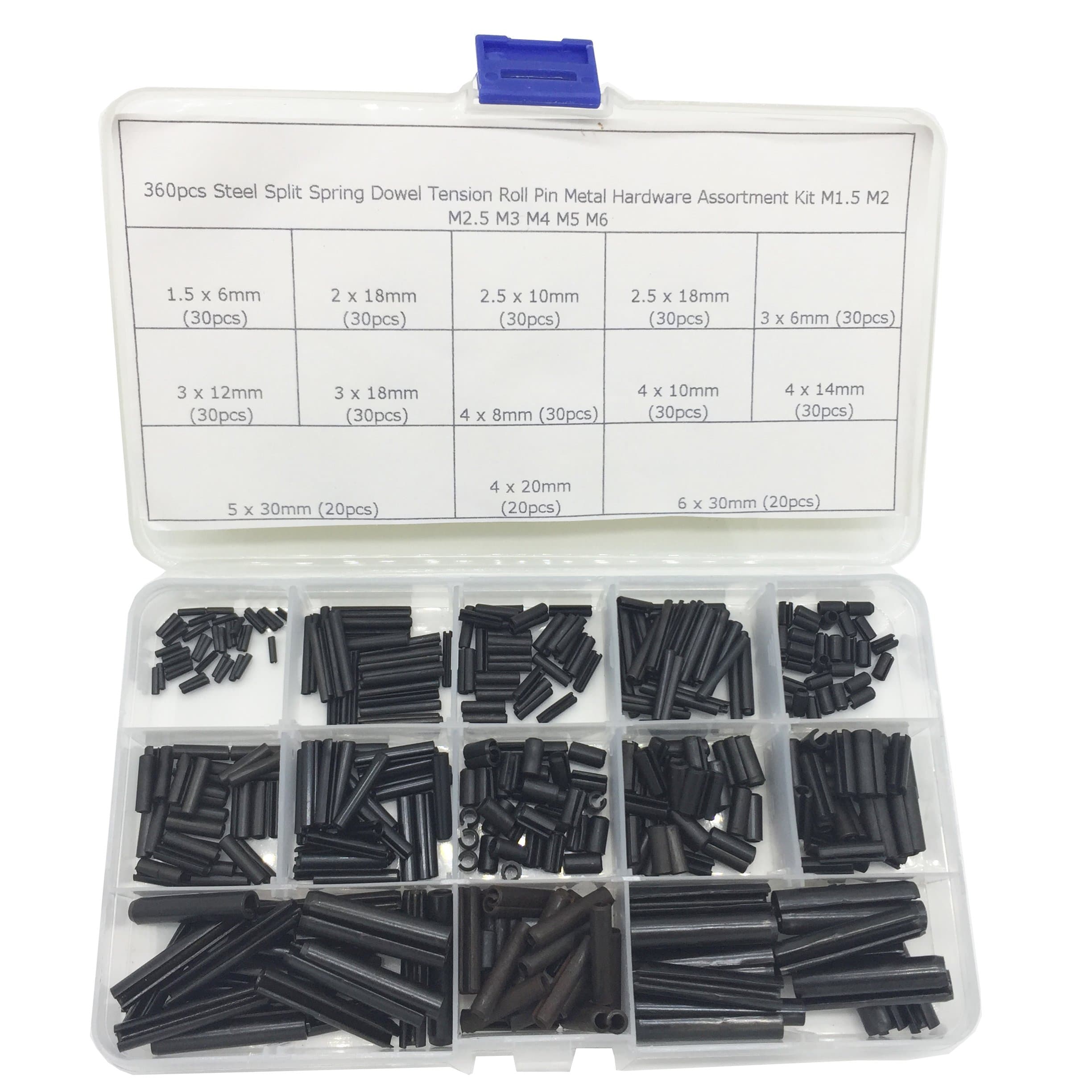 360pcs Steel Split Spring Dowel Tension Roll Pin Metal Hardware Assortment Kit M1.5 M2 M2.5 M3 M4 M5 M6