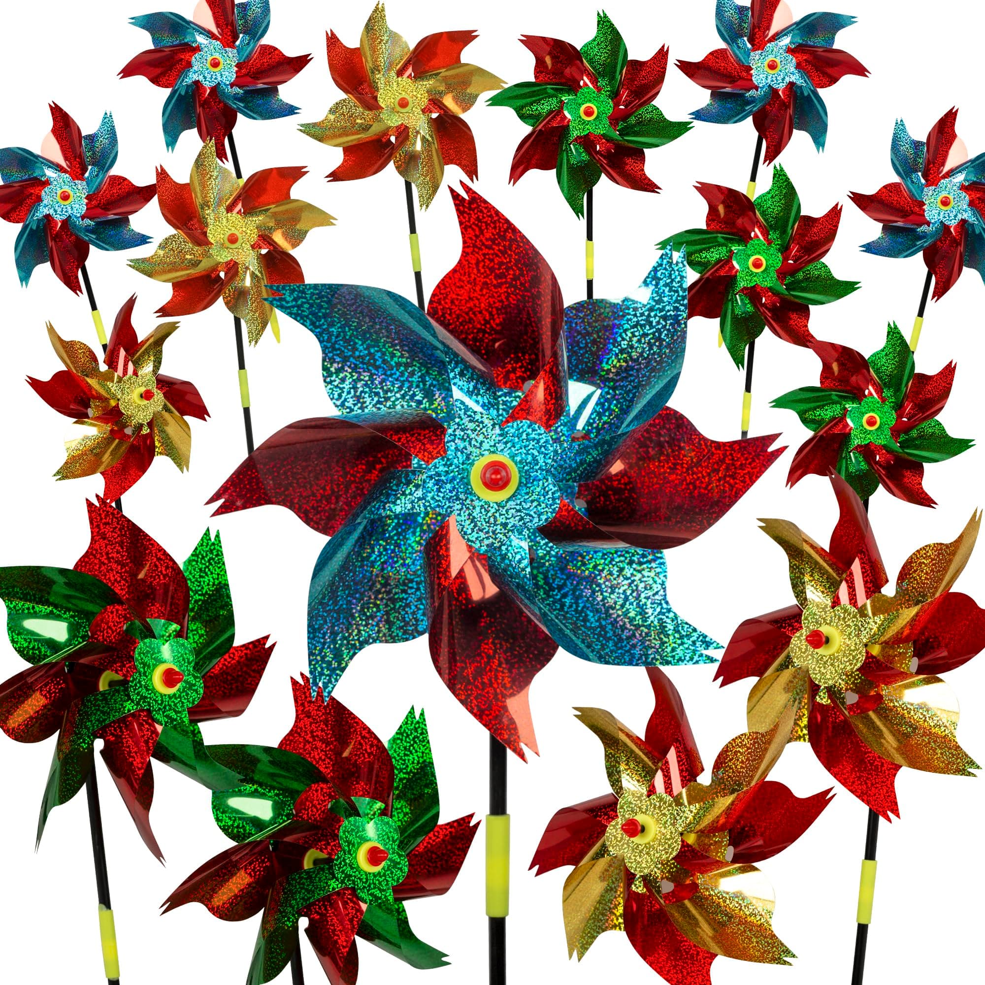 PROLOSO 15PCS Holographic Reflective Mylar Pinwheel Garden Sparkly Metallic Pin Wheel Decorative Windmill Spinners for Outside Yard Patio Pool