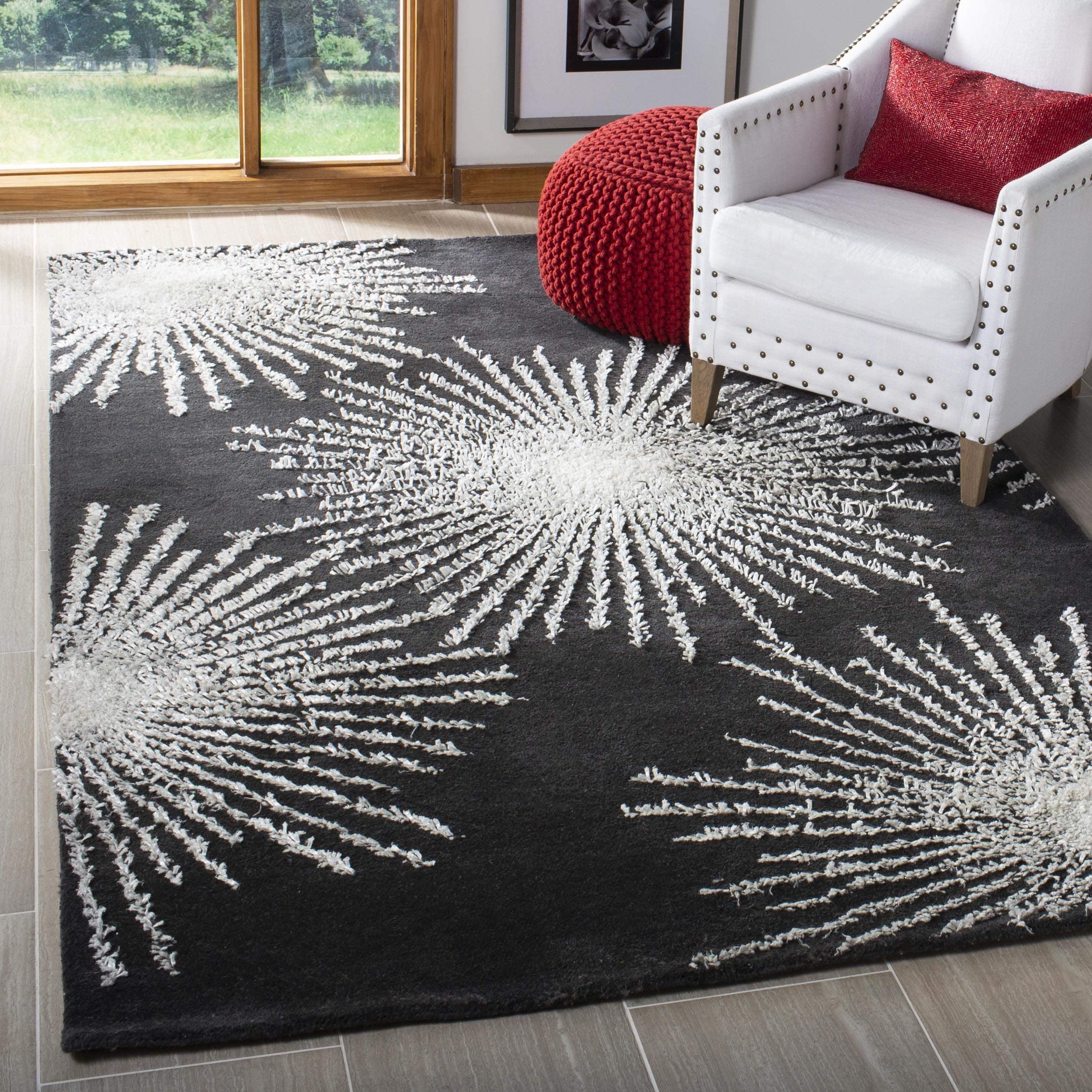 SAFAVIEH Soho Collection 5' x 8' Charcoal / Ivory SOH712H Handmade Starburst Premium Wool & Viscose Area Rug