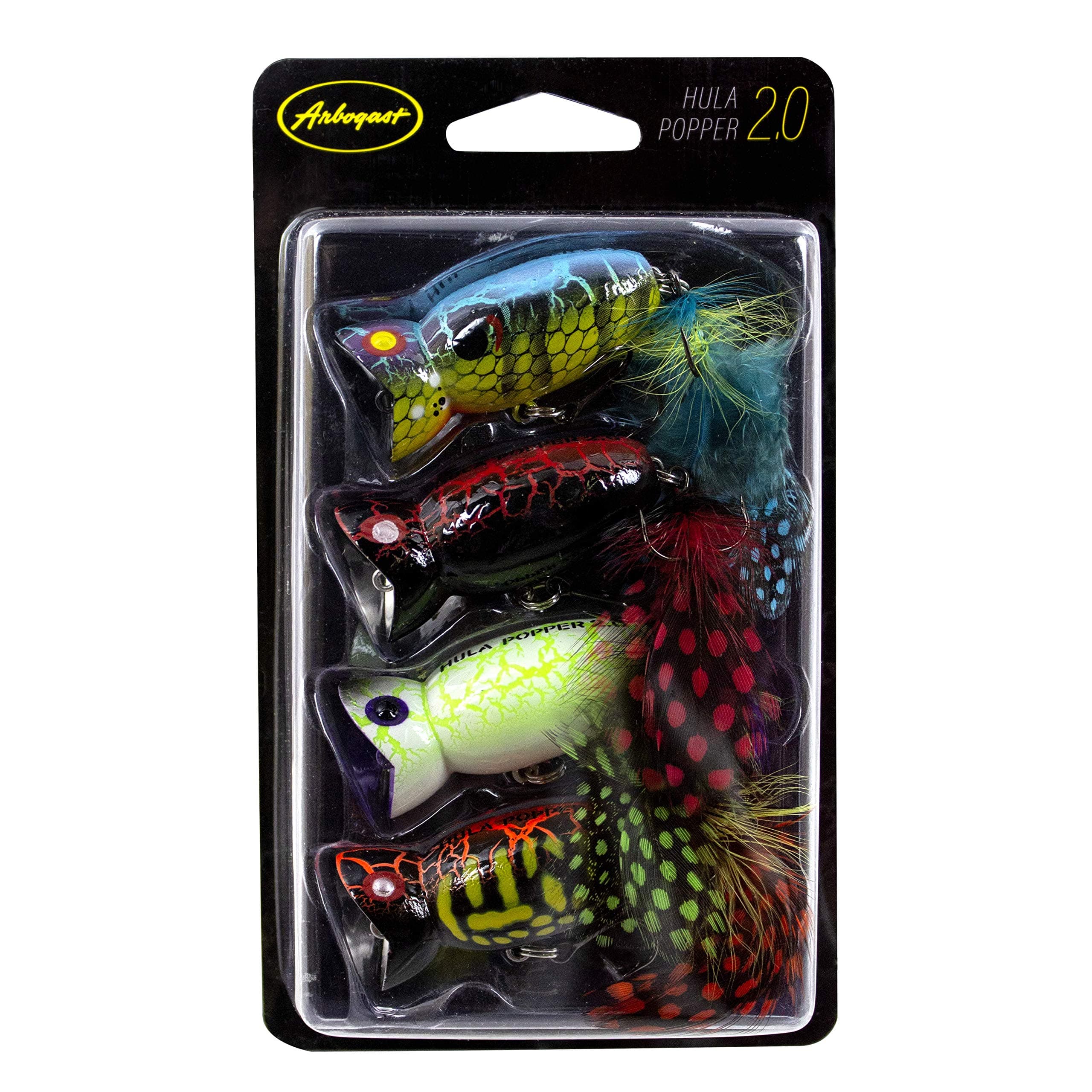 Hula Popper 2.0 Topwater Fishing Lure with Feathered Treble Hook and Crackle Pattern Body