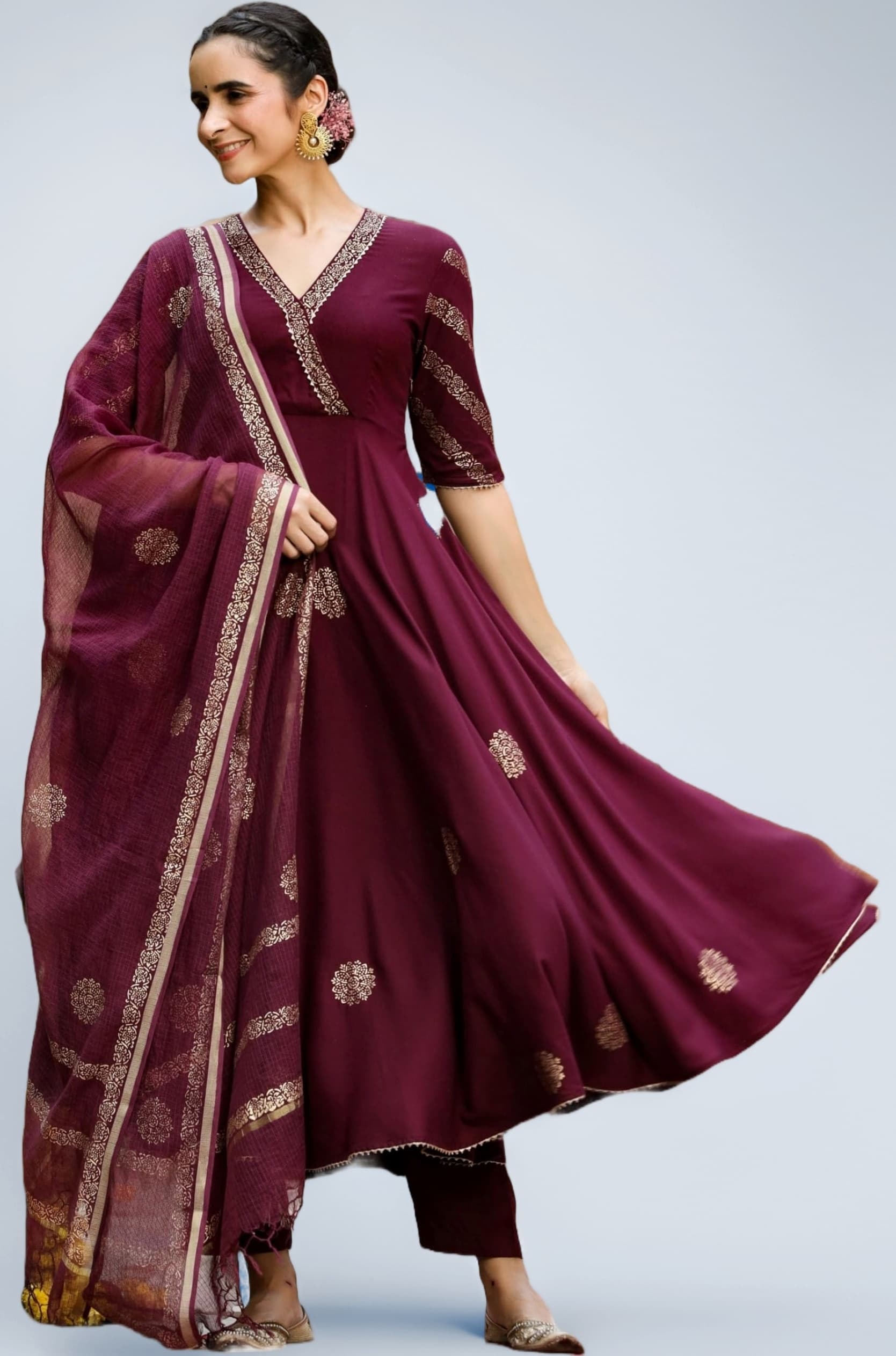 GoSriKi Women's Cotton Blend Printed Anarkali Kurta with Pant & Dupatta | Ethnic Wear for Women | Indian Casual Office Daily Summer Outfit