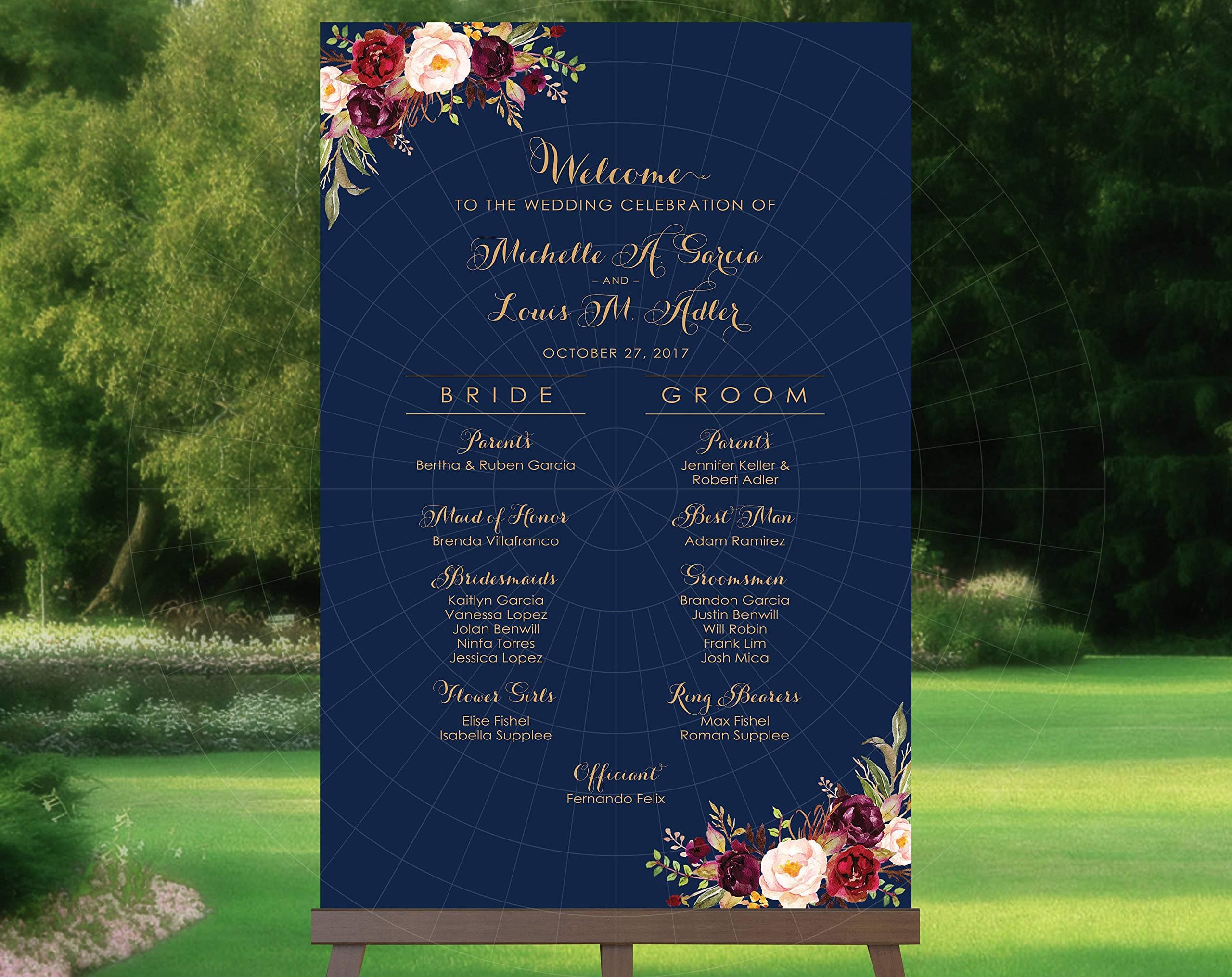 Dozili Wedding Program Sign - Wedding Party - Various Sizes - Vintage - Bright Gold - Marsala Blooms - Personalized