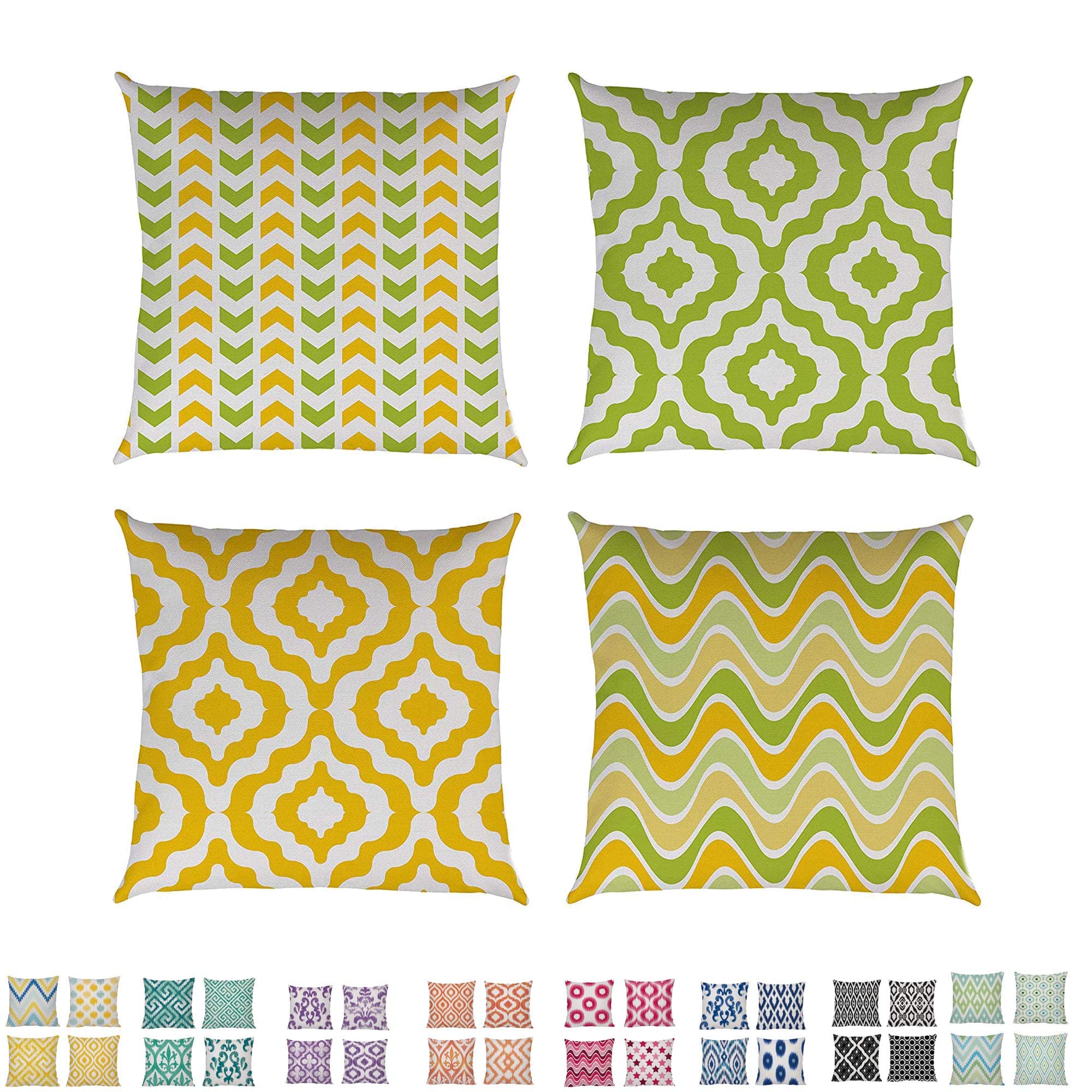 Comoco Set of 4 Cotton Linen Decorative Throw Pillow Case Burlap Cushion Cover 18" x 18" 45cm x 45cm-(Geometric Style Green & Yellow)