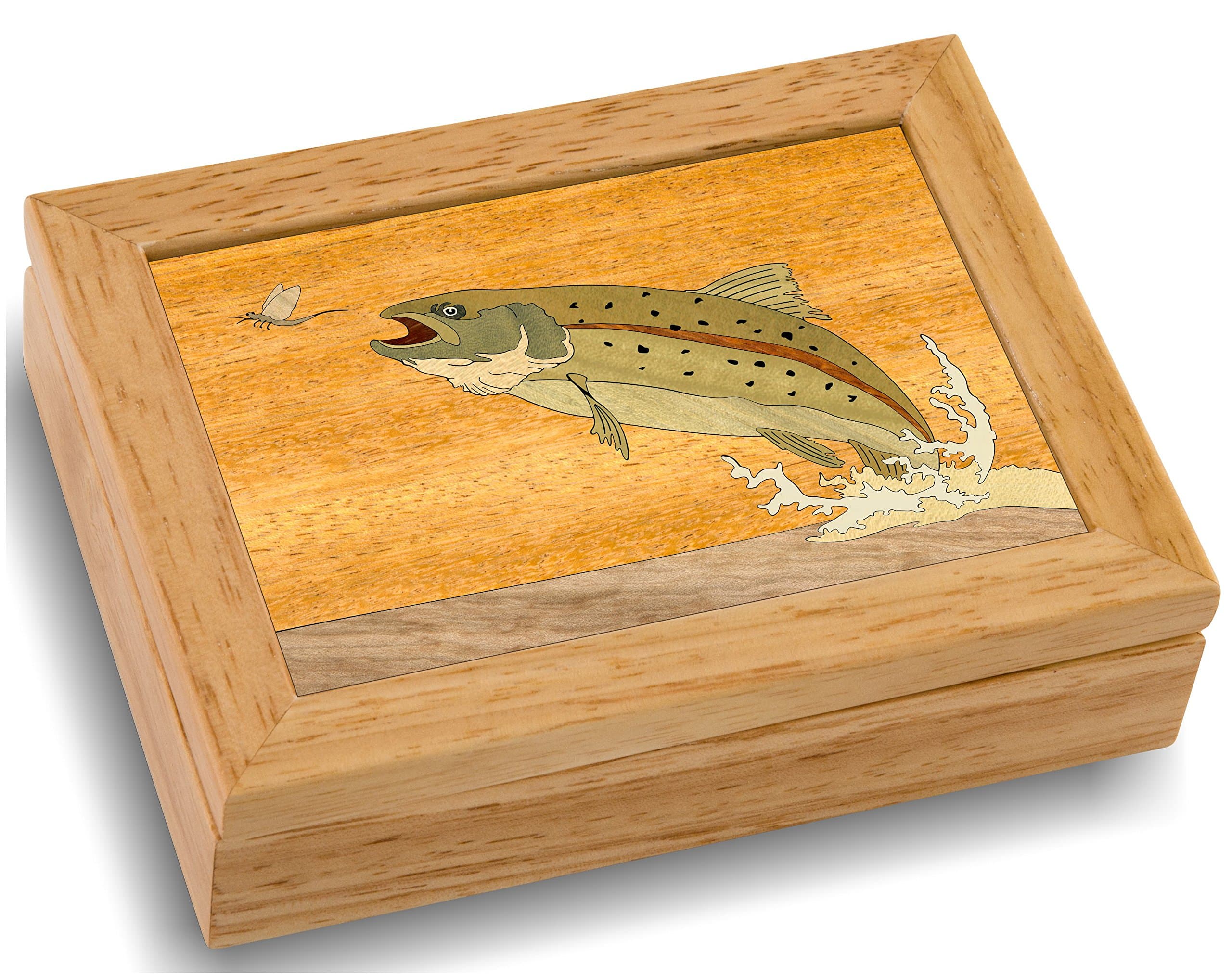 Wood Art Trout Box - Handmade USA - Unmatched Quality - Unique, No Two are the Same - Original Work of Wood Art (#4123 Trout and Mayfly 4x5x1.5)