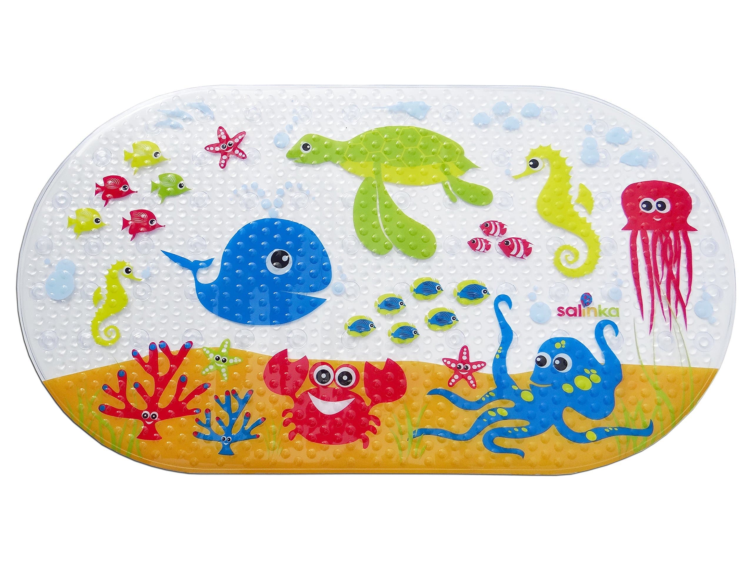Salinka Ocean Baby Bath Mat - Phatalates and Lead Free - Reduce The Risk of Slipping - Durable Mildew Mold Resistant PVC - Many Strong Suction Cups - Handy Bag for Easy Transport - Free Ebook