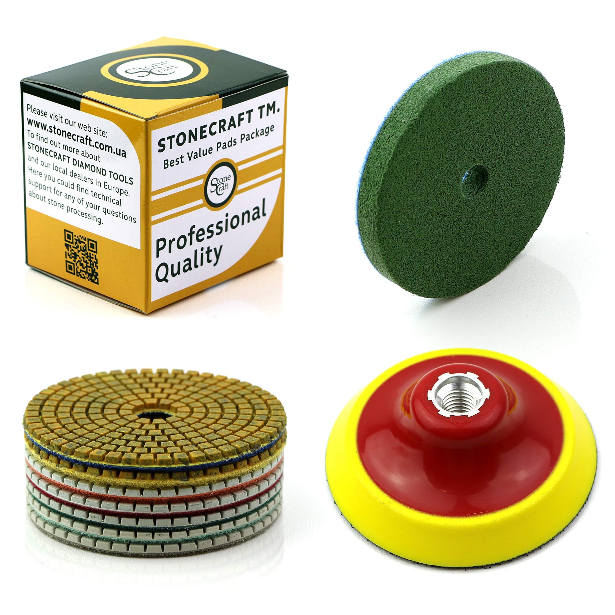 Stonecraft - Wet/Dry Diamond Polishing Pads Universal 9 pcs Set 4" Inch 5/8 Thread Backing Pad & Sponge for Marble, Granite, Stone, Concrete