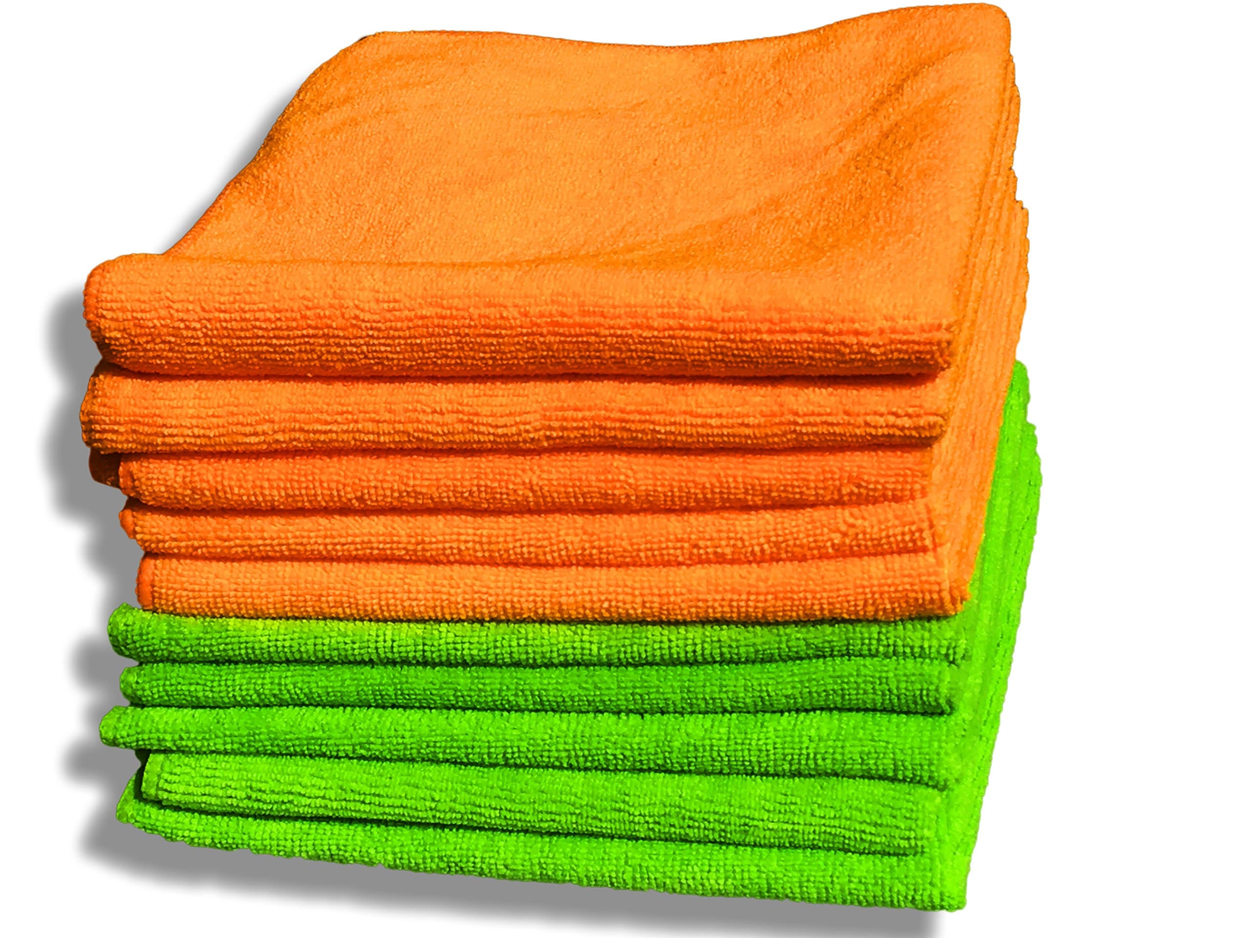 10 Pack Premium Quality Orange & Green Microfibre Cloths - Large 40x40cm (16"x16") - Lint Free Cleaning Cloth - House & Car - Plush Ultra Soft - Absorbs 5X its Weight - 100% Refund