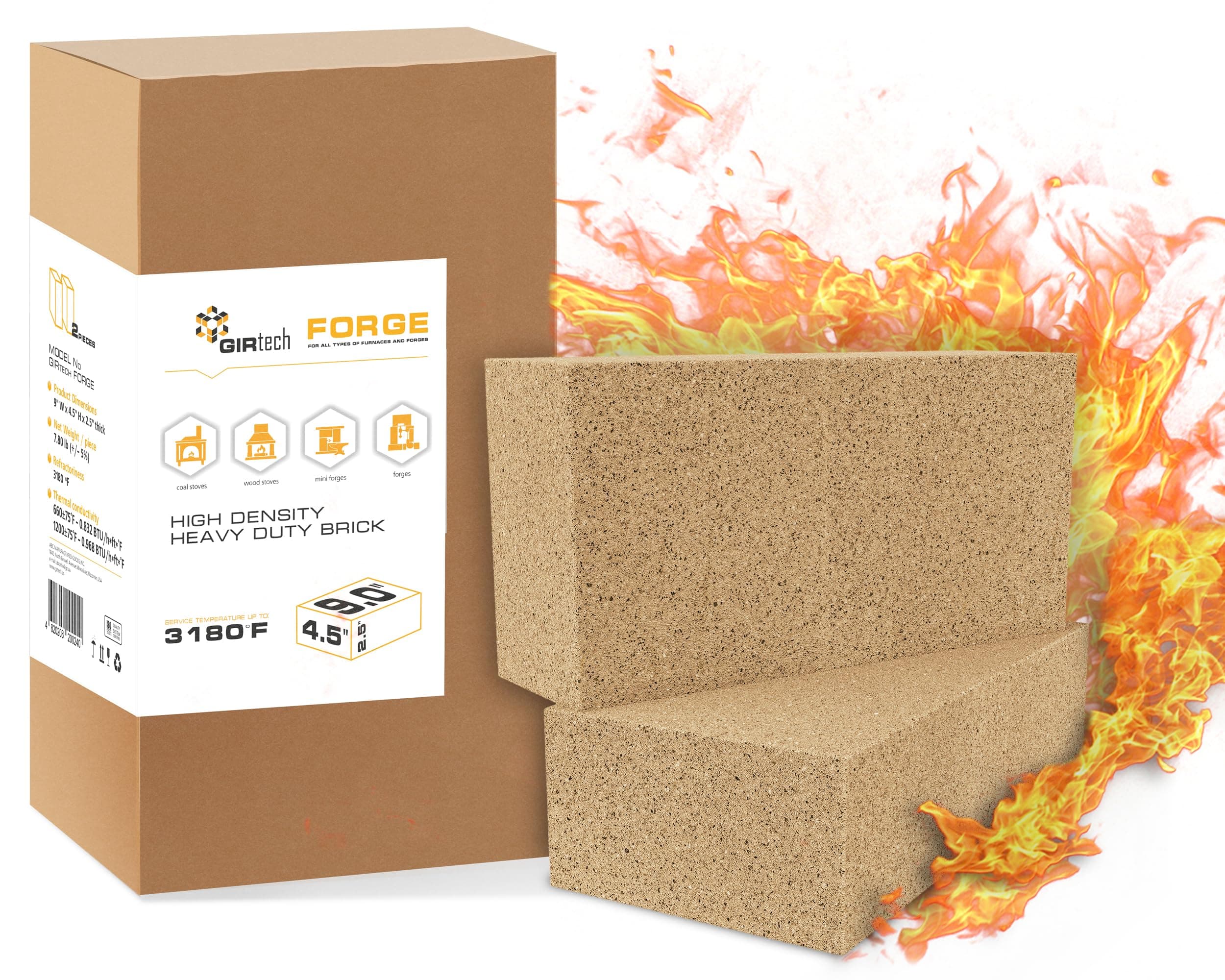 Heavy Duty Refractory Fire Bricks for Forge 3200F - Pack of 2 Extra High Temperature Insulated | Fire Brick for Masonry, Insulating Kiln, Fire Pit, Wood Stove, Oven, Grill, Melting Metals