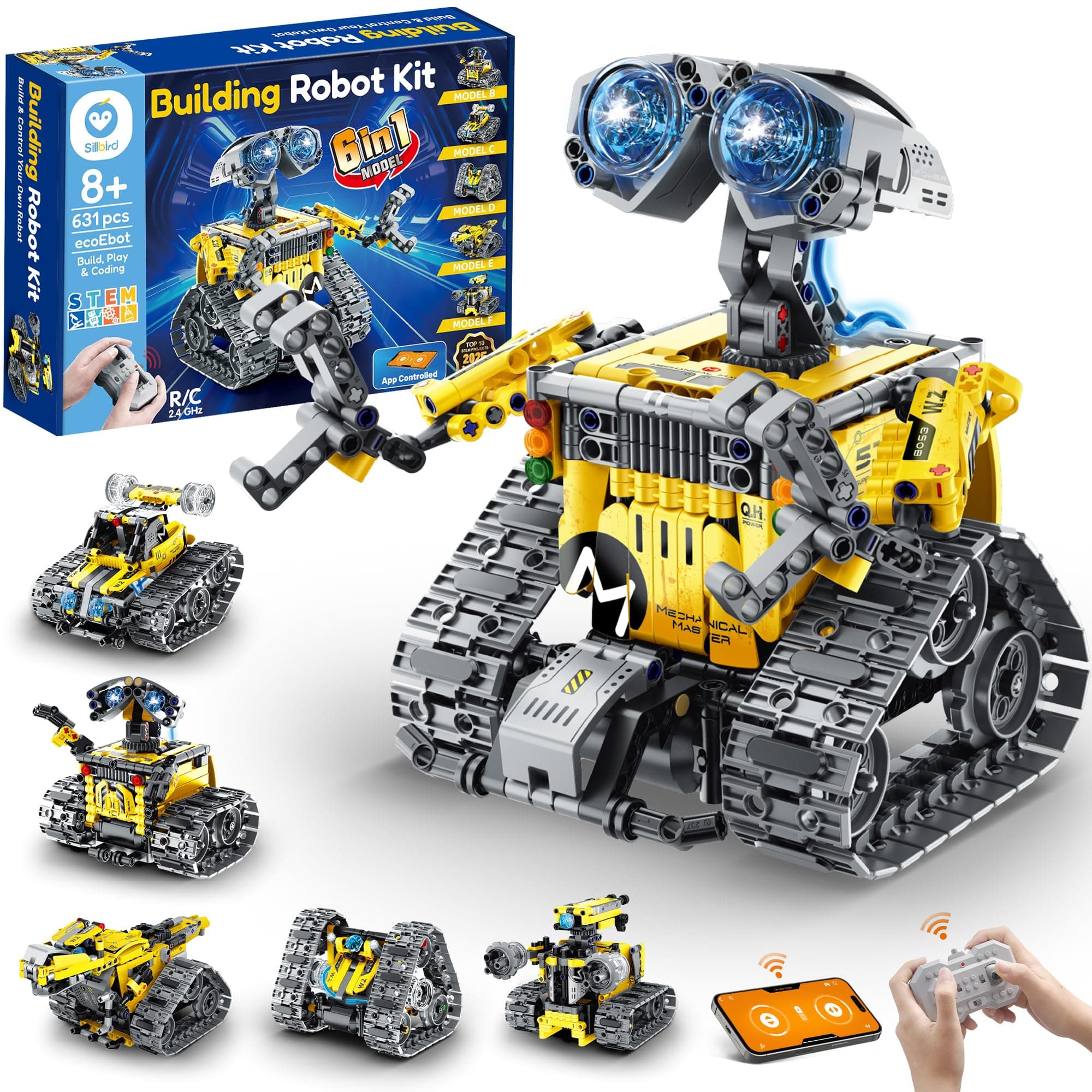 Sillbird Robot Building Kit with Remote Control Gifts for Kids Boys Ages 8-13, Coding STEM Robotic Technic Racer Car Toys for Birthday, Build 6in1 Model with 631 Pieces