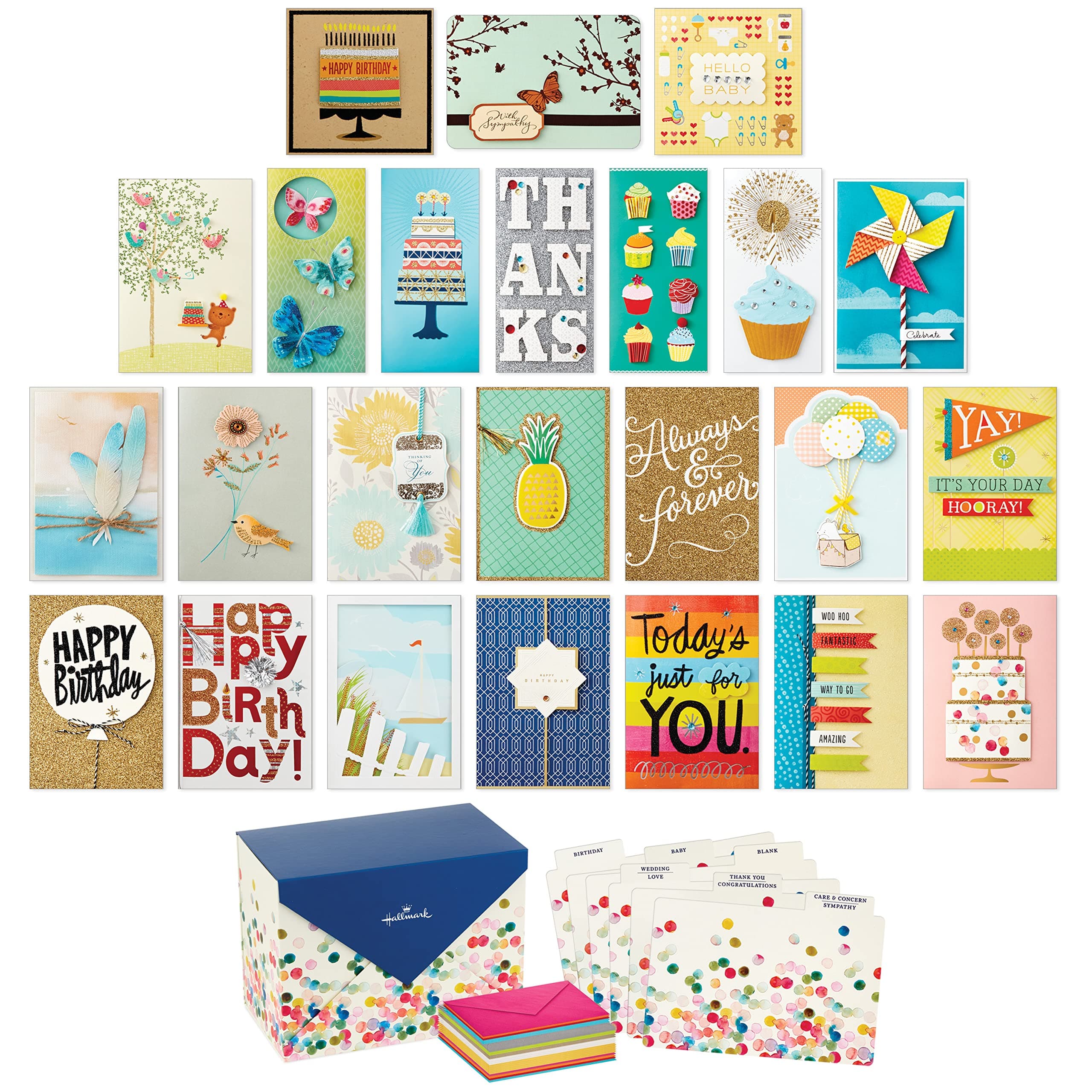 All Occasion Handmade Boxed Set of Assorted Greeting Cards with Card Organizer (Pack of 24)—Birthday, Baby, Wedding, Sympathy, Thinking of You, Thank You, Blank