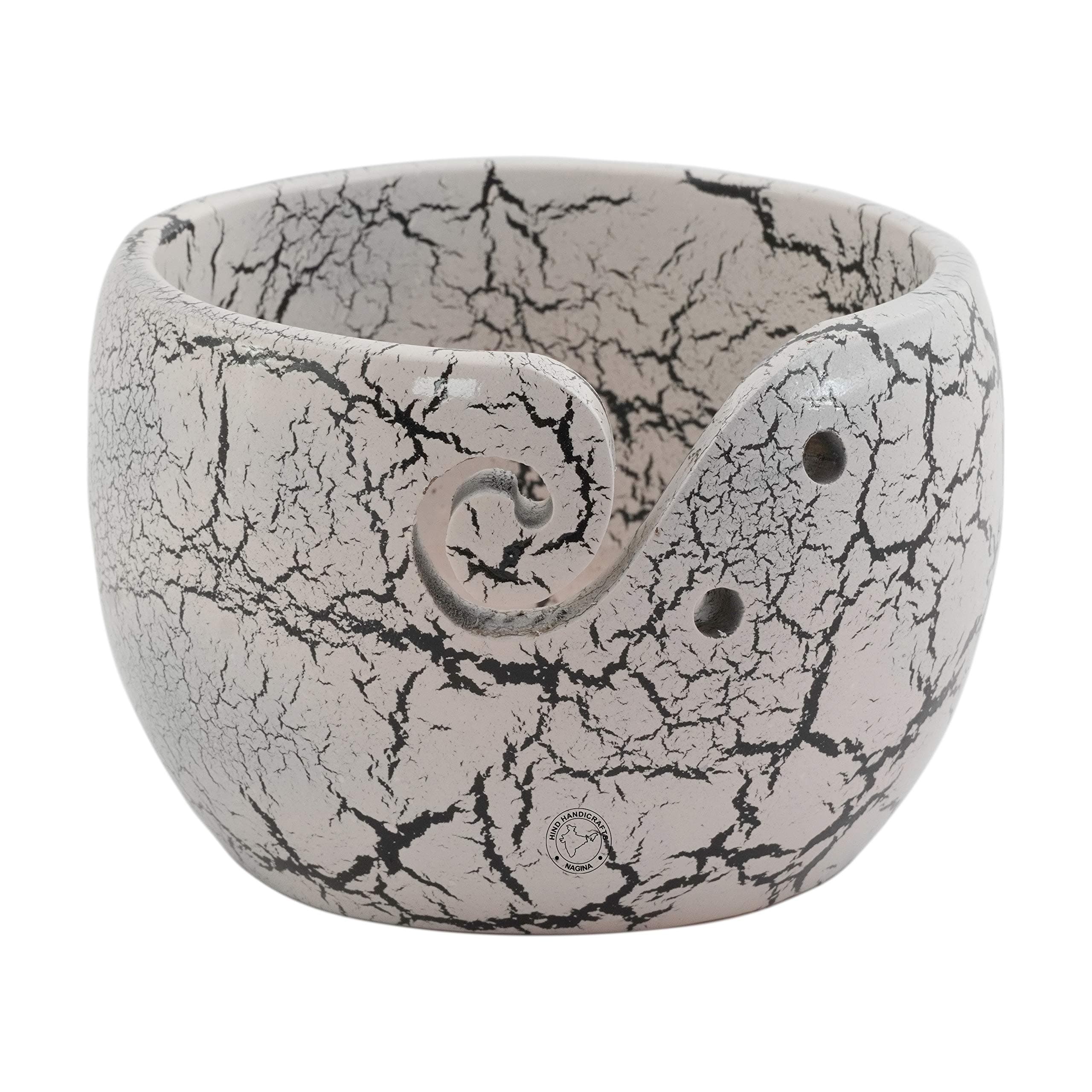 Hind Handicrafts Premium Solid Dark Handmade Crafted Wooden Portable - Antique Yarn Storage Bowl - Holder for Knitting Crochet Hook Accessories (6" x 6" x 4", White Crack)