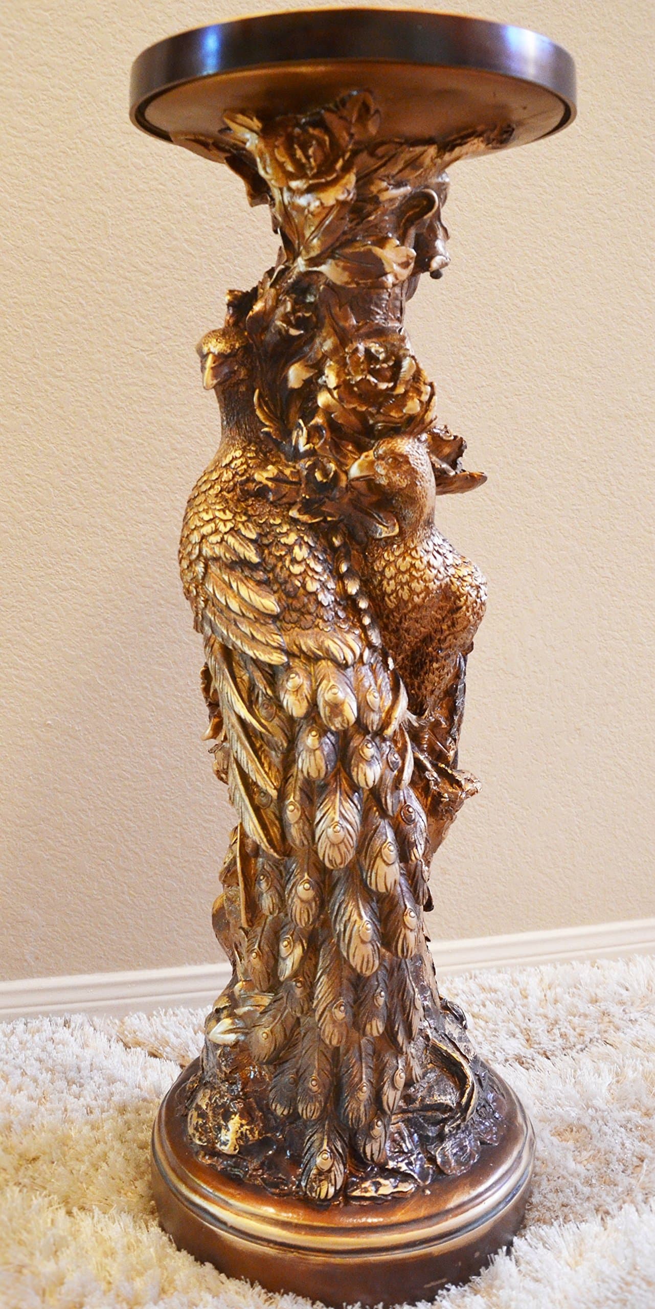 Golden Floor Table Stand Furniture Pedestal Post Column Interior Decor Carved Peacocks Statue Sculpture