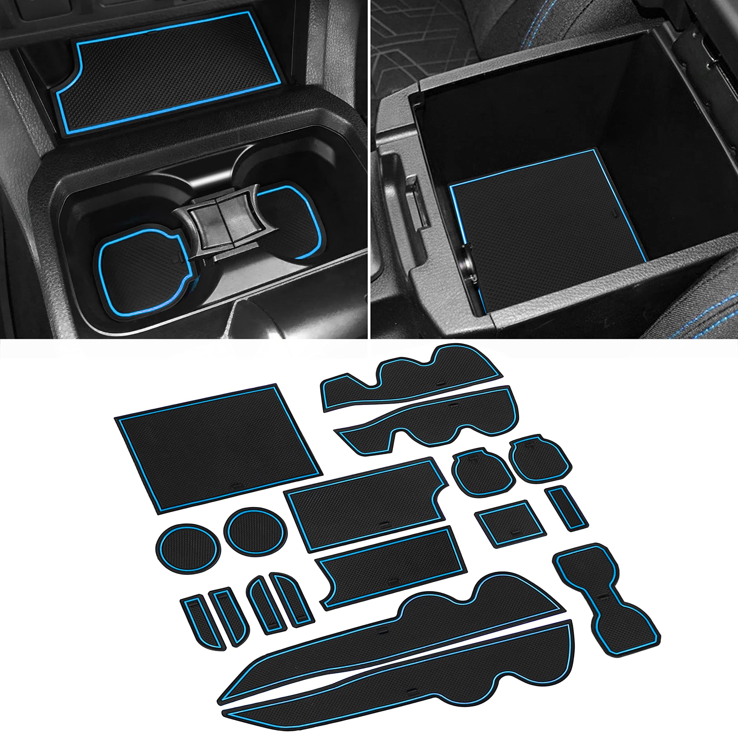 SENSHINE for Toyota Tacoma Accessories 2016-2021 2022 2023 Non-Slip Anti Dust Liner Cup Holder, Center Console, and Door Pocket Inserts Mats Premium Custom Interior 18pcs (Double Cab) (Blue Trim)