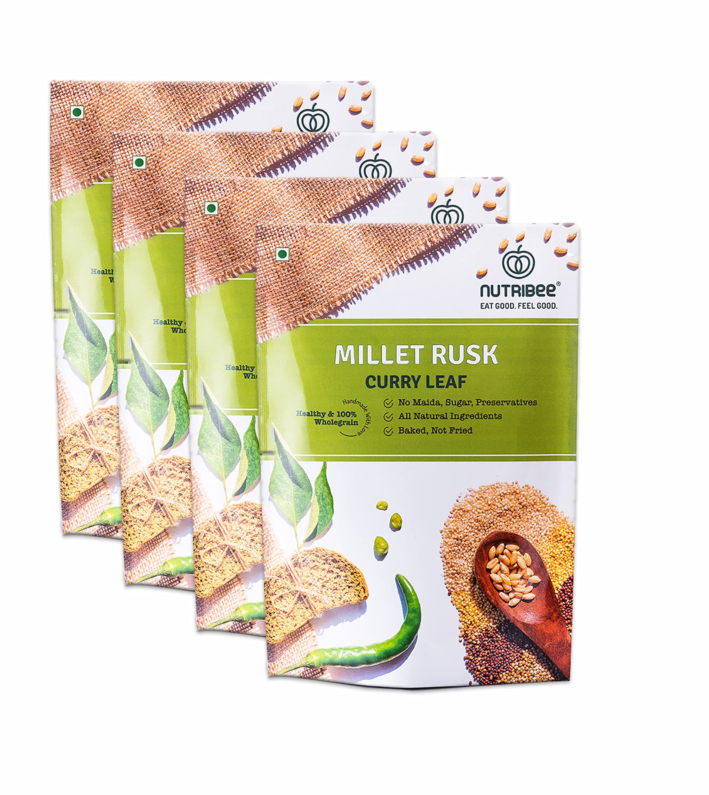 - 100% Multigrain Millet Rusk - Curry Leaf | Refined Sugar-Free | Healthy Diet Toast | No Maida and Sugar | No Preservatives | 4 pack is 700g