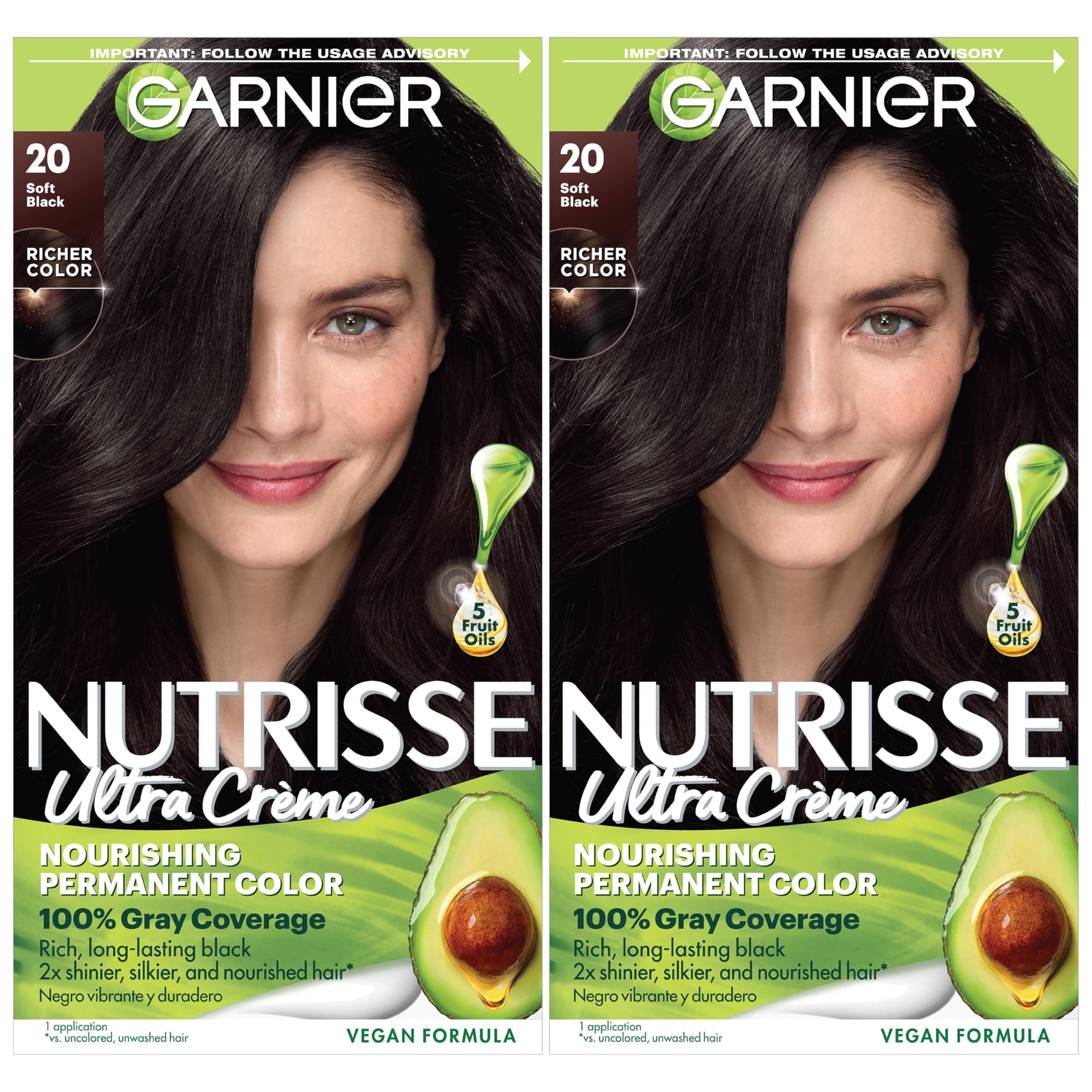 Nutrisse Ultra Crème Hair Color, Permanent Hair Dye with 100% Gray Coverage, Vegan & Cruelty-Free, 20 Soft Black (Black Tea), 2 Count