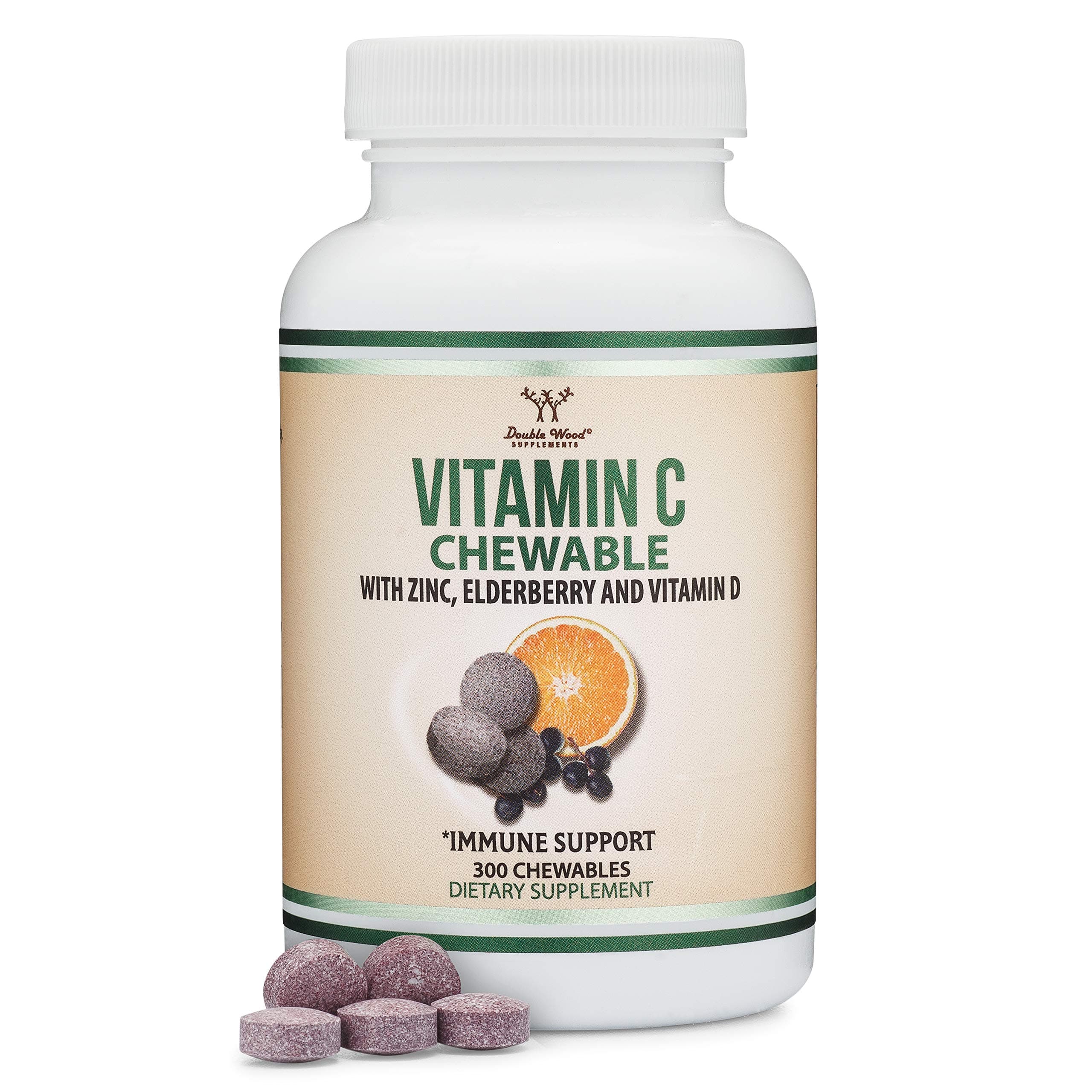 Double Wood Supplements Chewable Vitamin C Tablets 100mg with Zinc, Vitamin D and Black Elderberry (300 Sour Tasting Chewables) for Adults and Kids, Complete Immune System Support