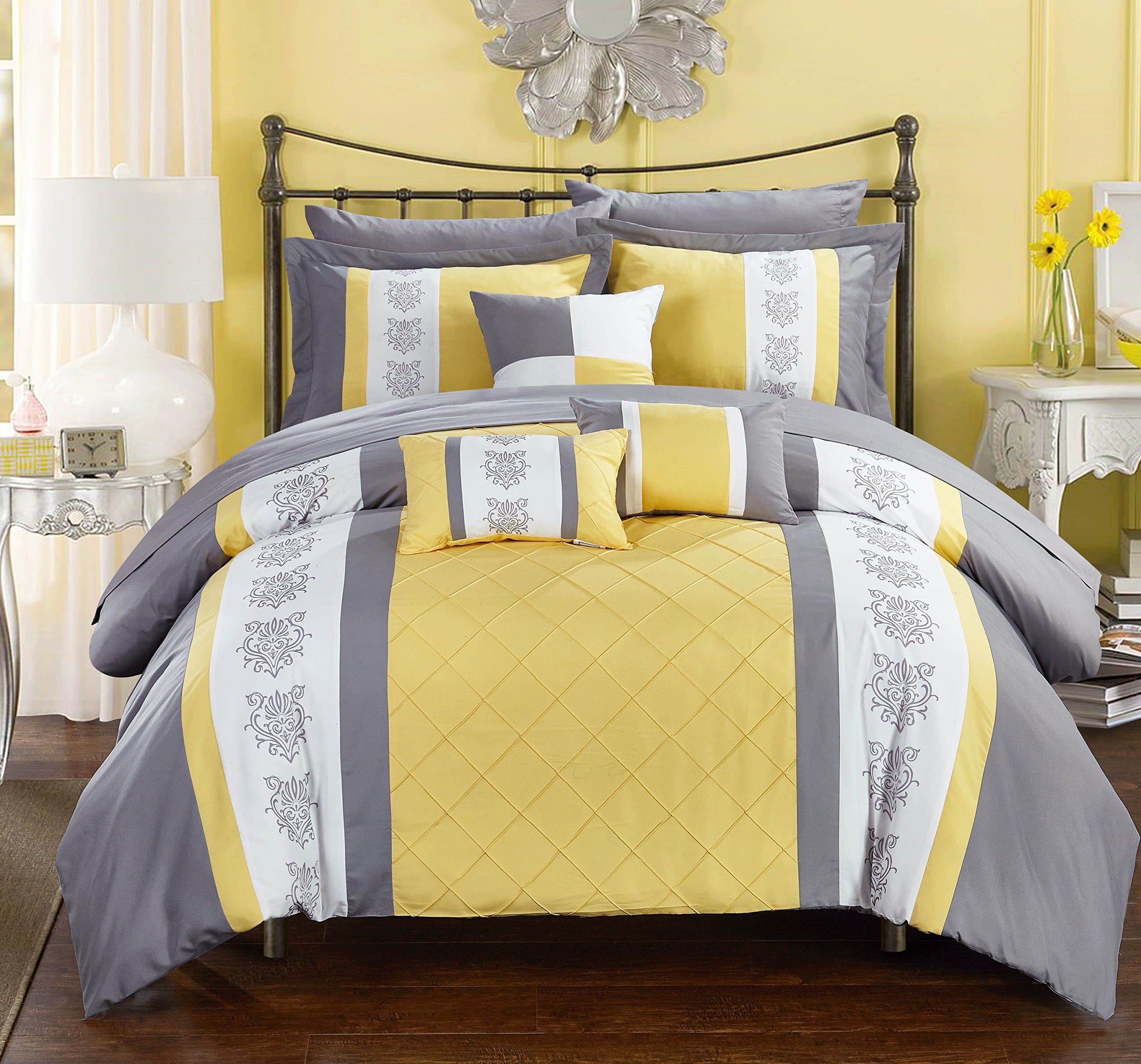 Clayton 10 Piece Comforter Set Pintuck Pieced Block Embroidery Bed in a Bag with Sheet Set, Queen Grey Yellow