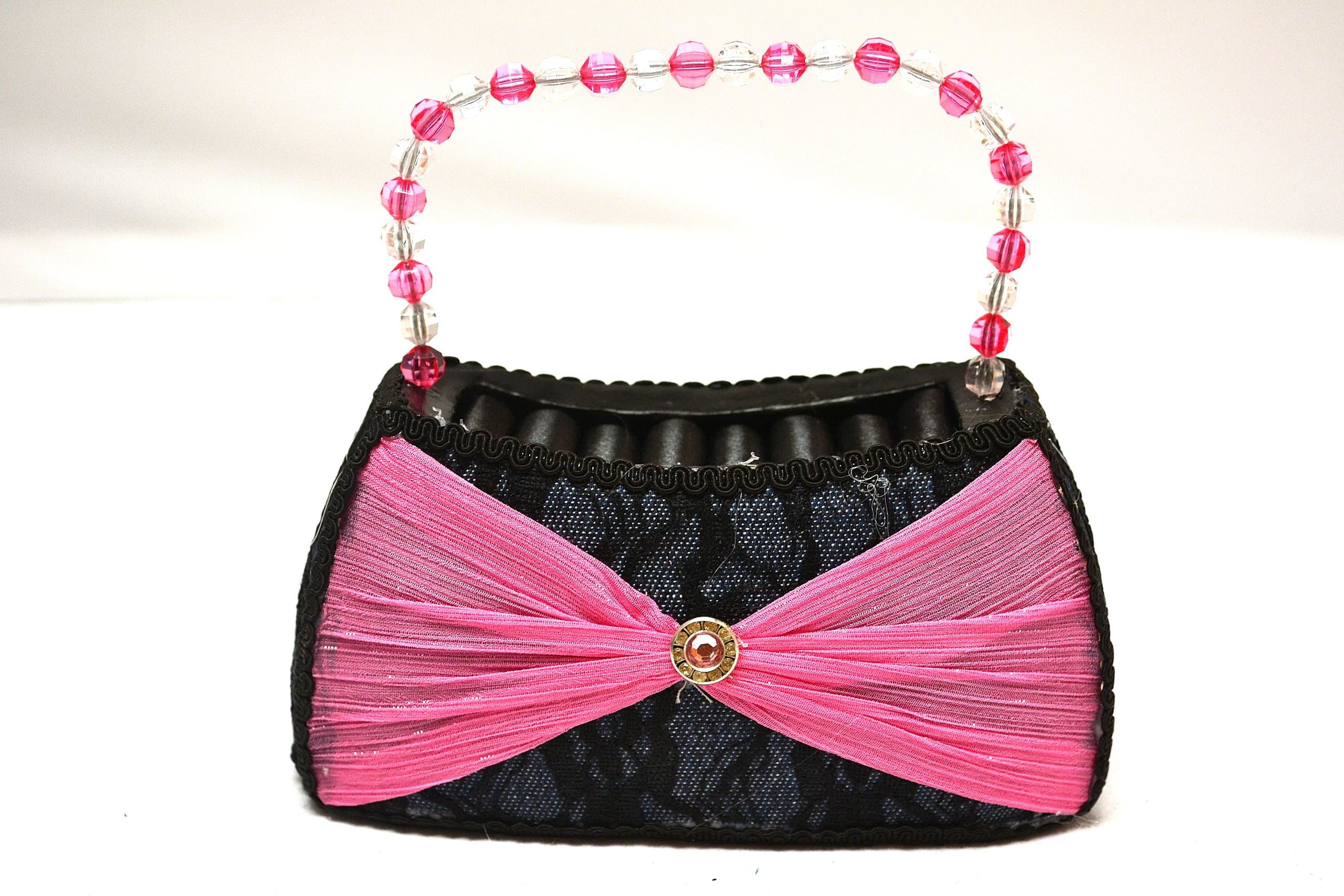 Elegant Black and Pink Lace on Demin Diamond Purse Ring Holder