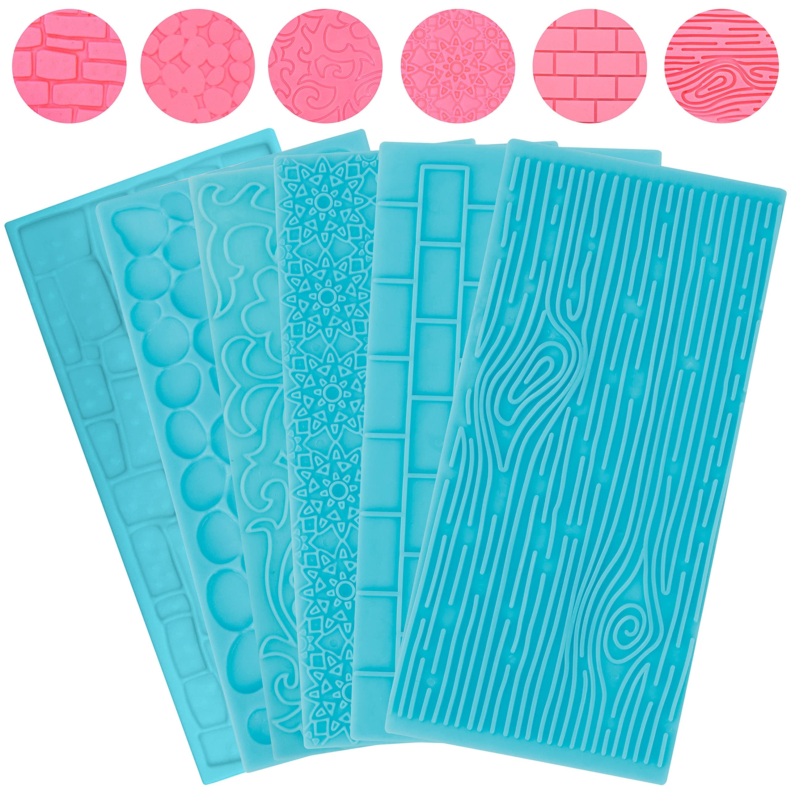 Kurtzy Pack of 6 Sugar Paste Embosser for Chocolate Cakes - Printed Bricks, Wood, Floral, Paving and Pebbles - 3D Pastry Relief Mat for Sweets, Decor, Jellies & Pastries - Home-Made