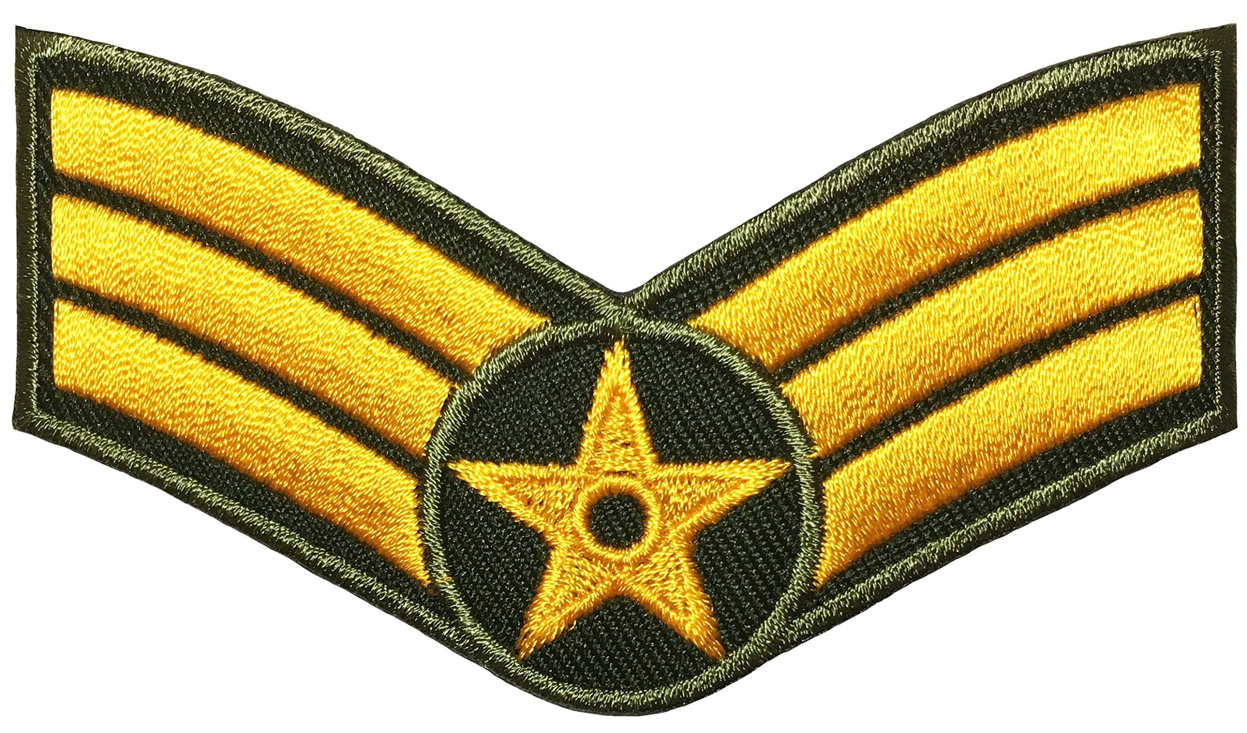 Senior Airman Chevrons Rank US Air Force USAF Military U.S. Army Morale Sew on Iron on Embroidered Applique Badge Sign Patch (1 Piece) - Gold on Olive Drab OD (Iron-Airman-ODGL)